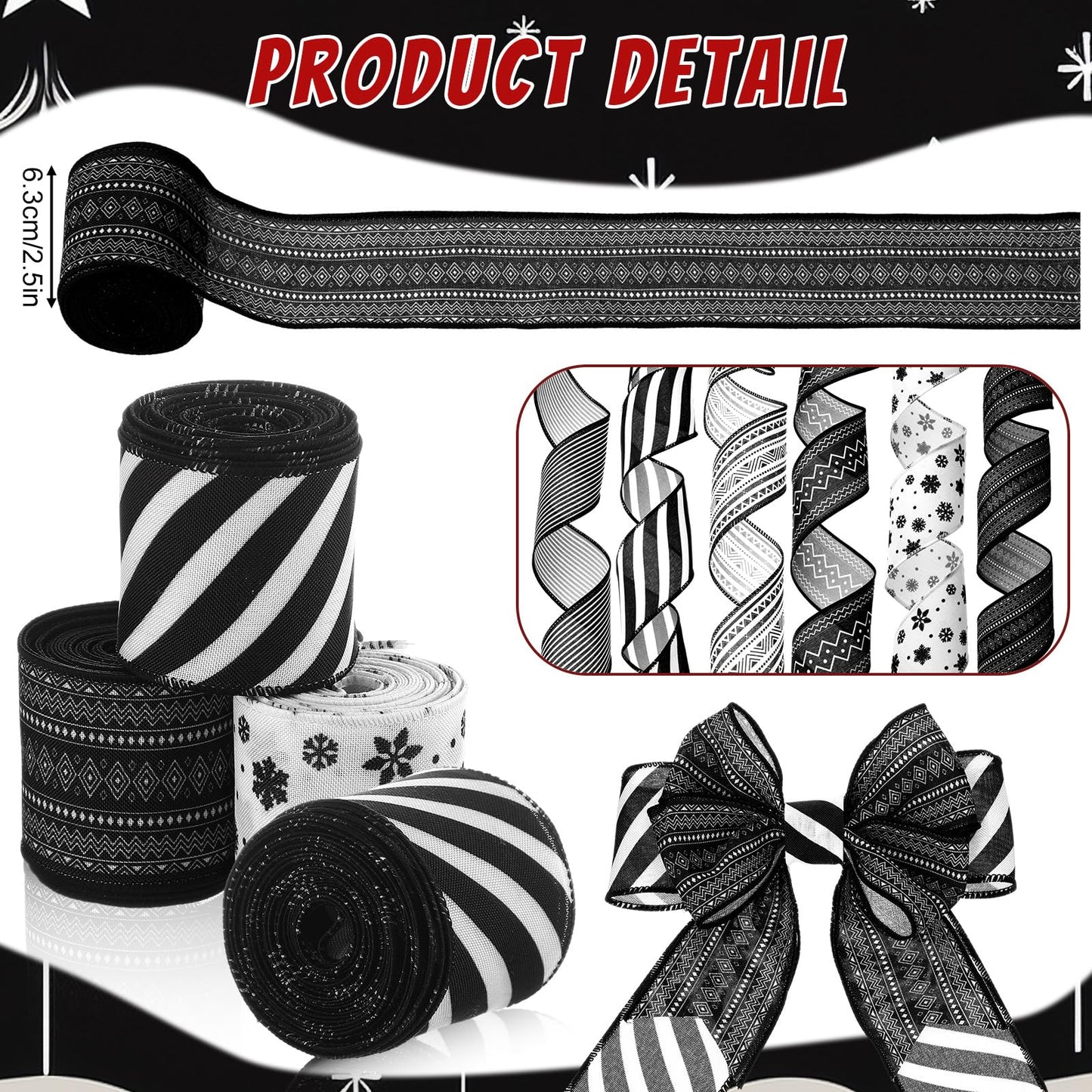 Suncalla 6 Roll 30 Yards Black and White Ribbon Wired 2.5 Inch Boho Stripes Wired Ribbon for Wedding Gift Wrapping Wreaths DIY Hair Bows Decor Crafts