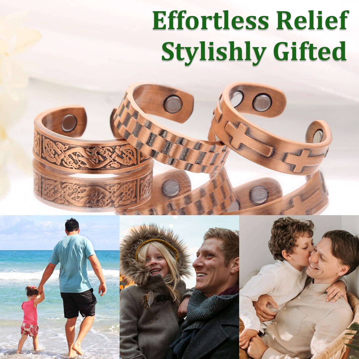 Fashtour 3 Copper Rings for Men Women, 99.9% Pure Copper Magnetic Rings, Adjustable