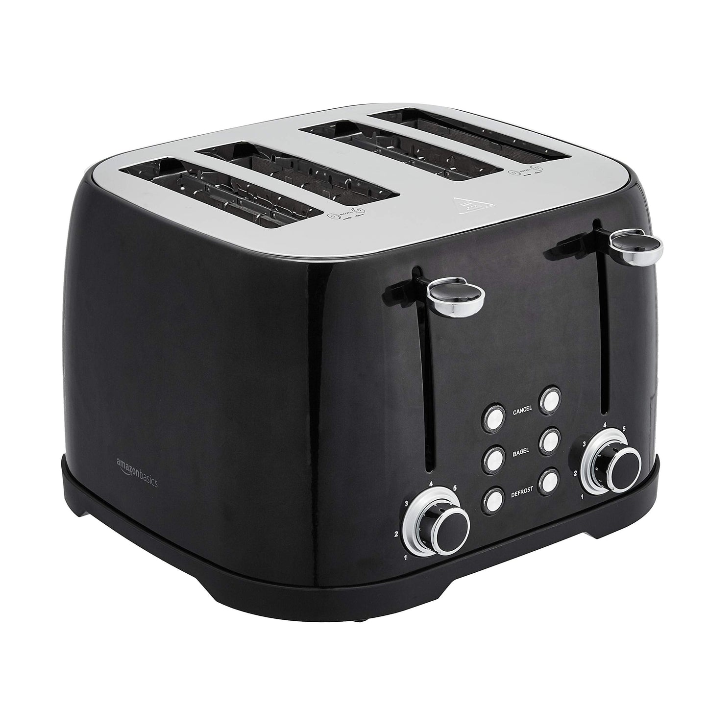 Amazon Basics 4 Slice Toaster with 4 Slots, 6 Browning Settings, Defrost, Removable Crumb Tray, Bagel Function, Cancel Button, 1600W, Black