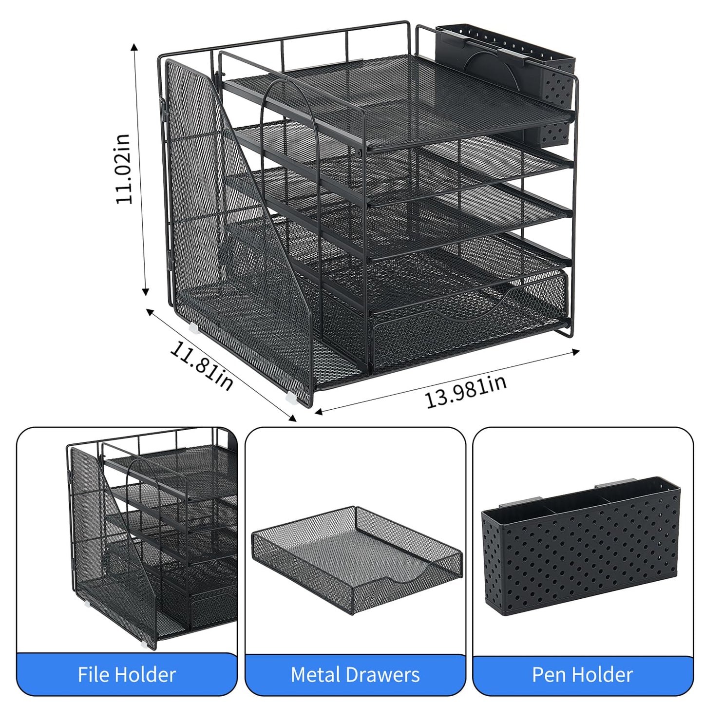 OUTIOE Desk Organizer with Drawer and Pen Holder, 5-Tier Paper Letter Tray Organizer with File Holder, Suitable for Workspace Organizer Office Supplies Storage (Black)