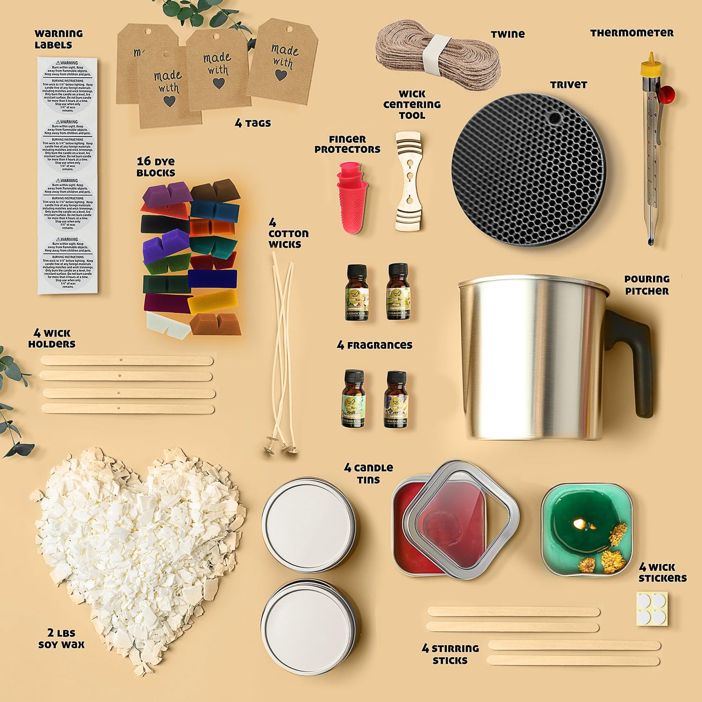 Hearth & Harbor Organic Soy Candle Making Kit for Adults, DIY Crafts, Complete Candle Making Supplies Include Natural Soy Wax, Tins, Scents, Dyes, Wicks & More – Gift Idea, Perfect Home Decor – 2 Lbs