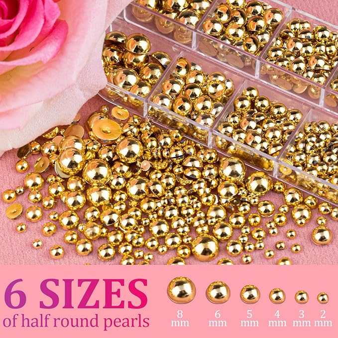 Belleboost Gold Nail Charms and Gems, 2 Boxes Half Round Flatback Pearl Nail Charms, Nail Pearls Rhinestones Kit Gold Beads for Nails with Pencil and Tweezer for DIY Nail Art, Face Makeup and Crafting