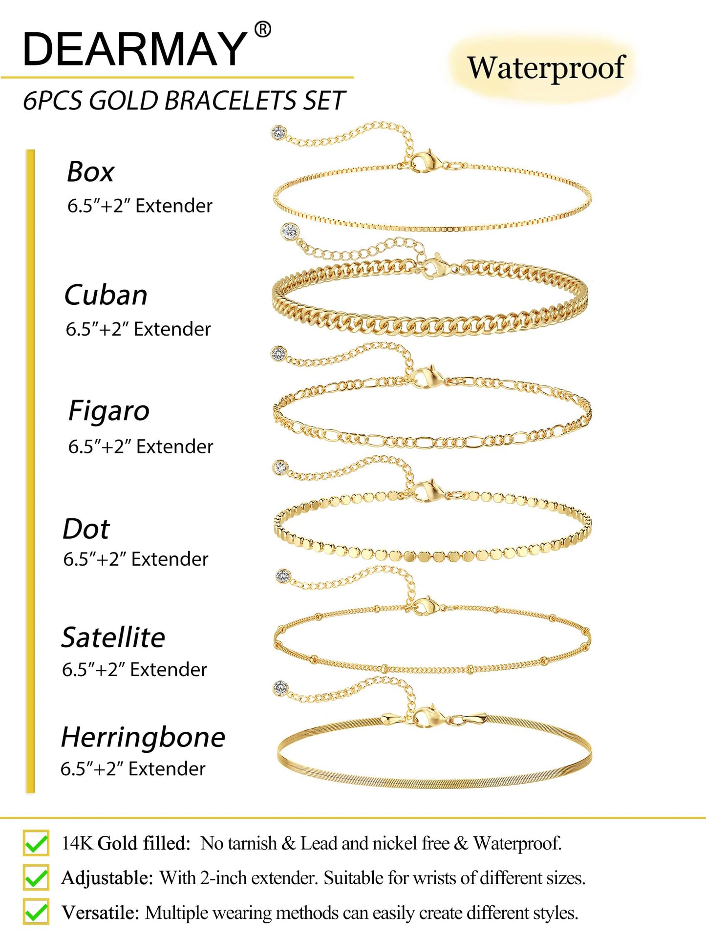 DEARMAY Dainty 14K Gold Plated Chain Bracelet Set for Womens Trendy Waterproof Gold Jewelry Fashion Stackable Box Cuban Figaro Herringbone Link Bracelets Pack Stack Gifts