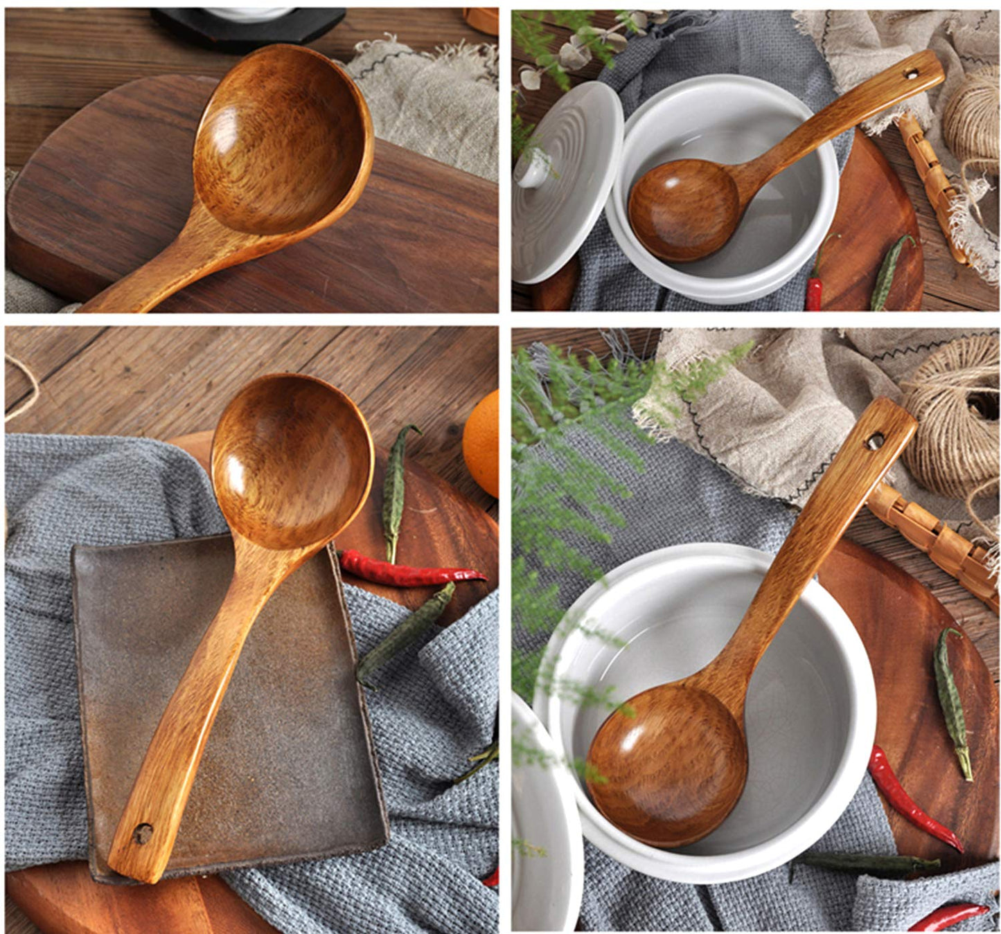 FJNATINH Wooden Ladle with Long Handle, Handmade Soup Ladle for Cooking Kitchen Cookware