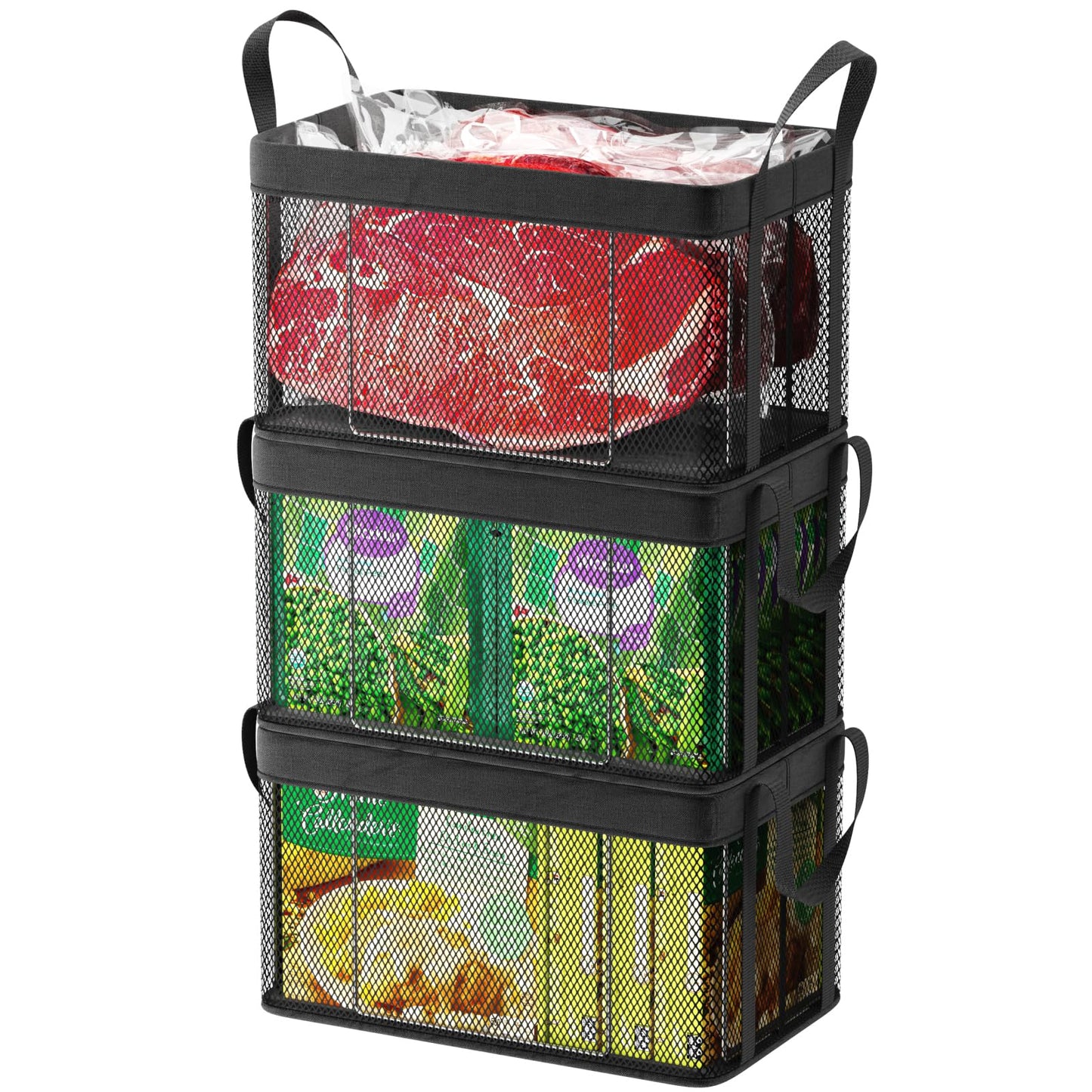 iSPECLE Freezer Organizer Bins, 3 Pack 15" Large Stackable Deep Freezer Organizer Bins for 5 to 7 Cu.Ft Chest Freezer, Sturdy Fabric & Stainless Steel for Meat & Vegetables, Easy Access, Black