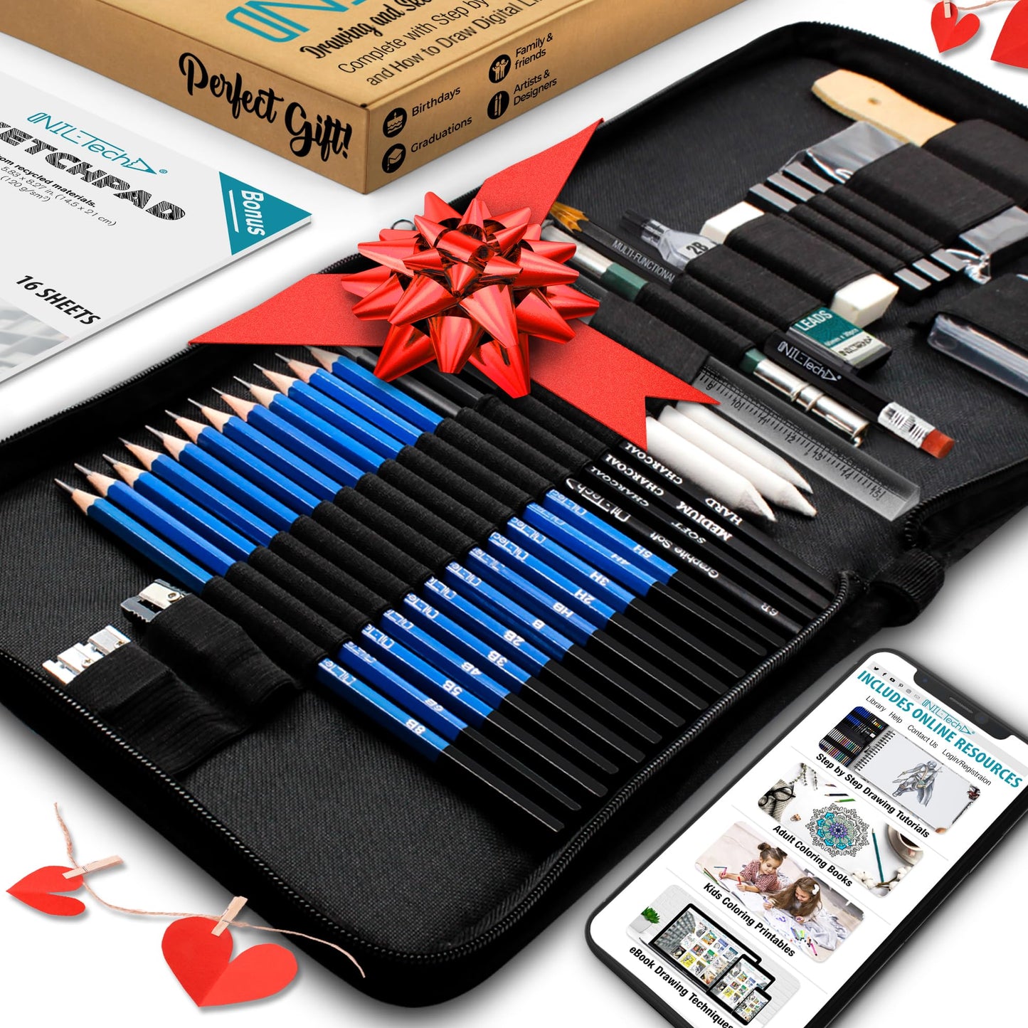 NIL - TECH 37-Pc Professional Drawing Set & Sketching Kit for Adults – Complete Art Supplies with Travel Case, Sketch Pad & Tutorials – Ideal Gift for Sketching