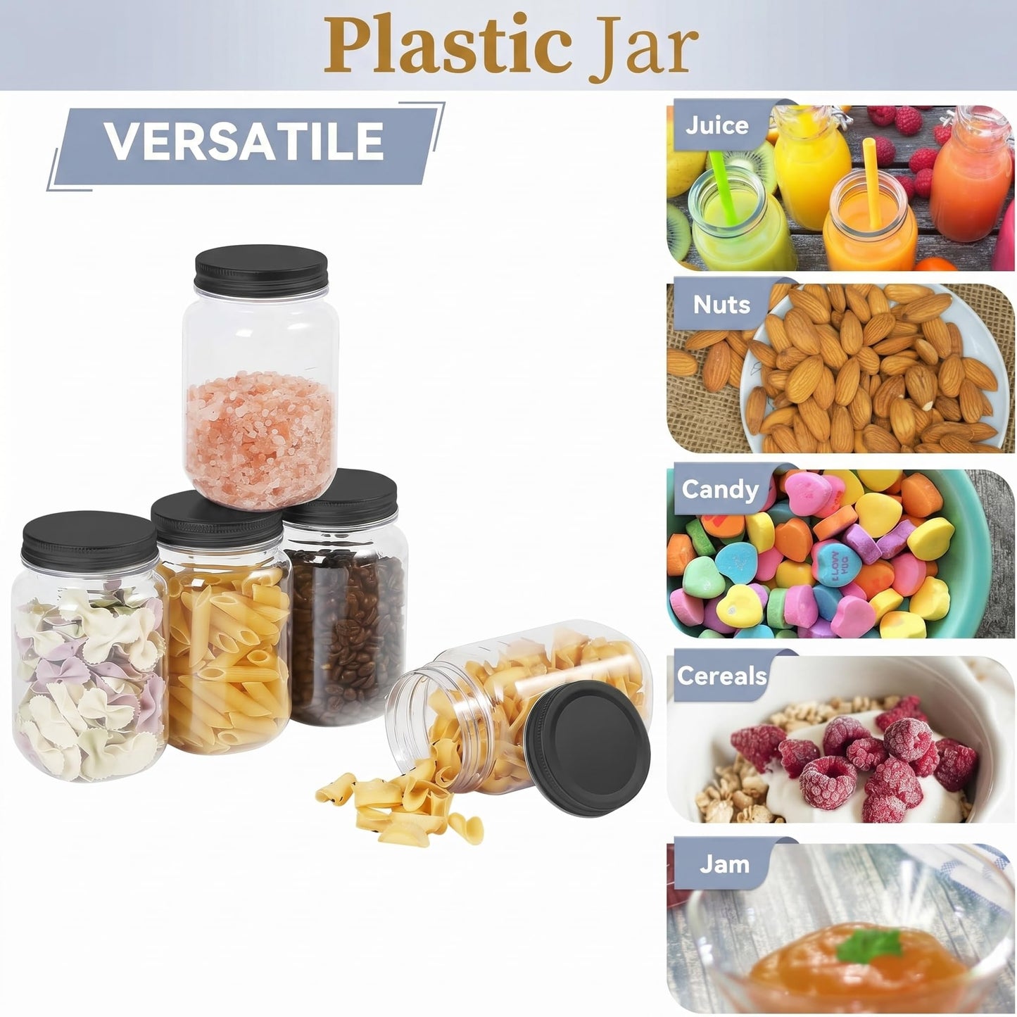 novelinks 16 oz Clear Plastic Jars with Lids, Refillable 16oz Mason Jars with Lids & Storage Containers for Kitchen & Household Use (10 Pack,Black)