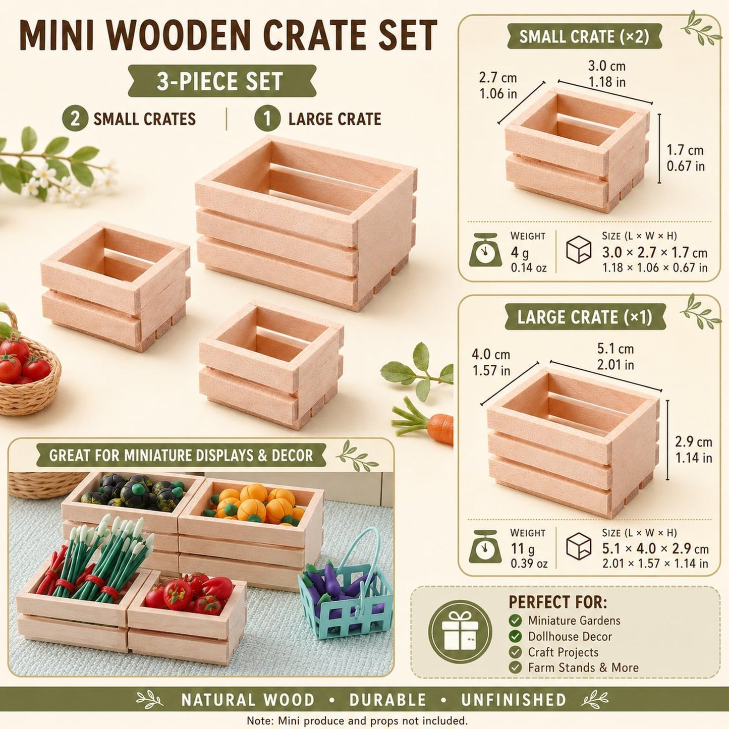 LOGOFUN 3pcs Dollhouse Mini Storage Basket Miniature Wooden Milk Crate 1/12 Tiny Fruit Baskets Model for Dollhouse Accessory - 1.2 * 0.9 & 1.9 * 1.6inch