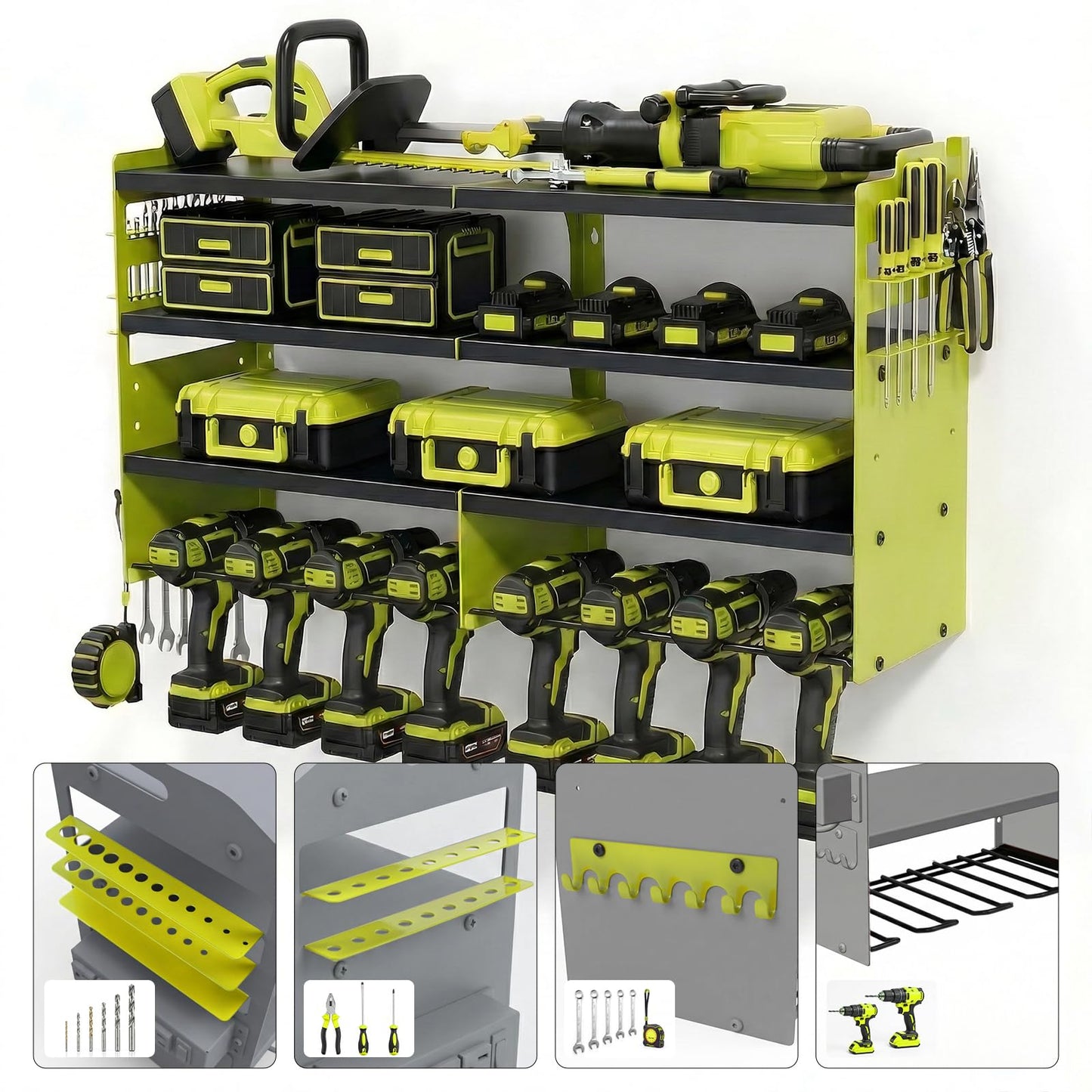 TimberAura 4-Tier Heavy Duty Power Tool Organizer, 600lbs Capacity Reinforced Steel Drill Rack with Side Accessory Mounting Studs, High-Visibility Wall Mount Storage, Fluorescent Green