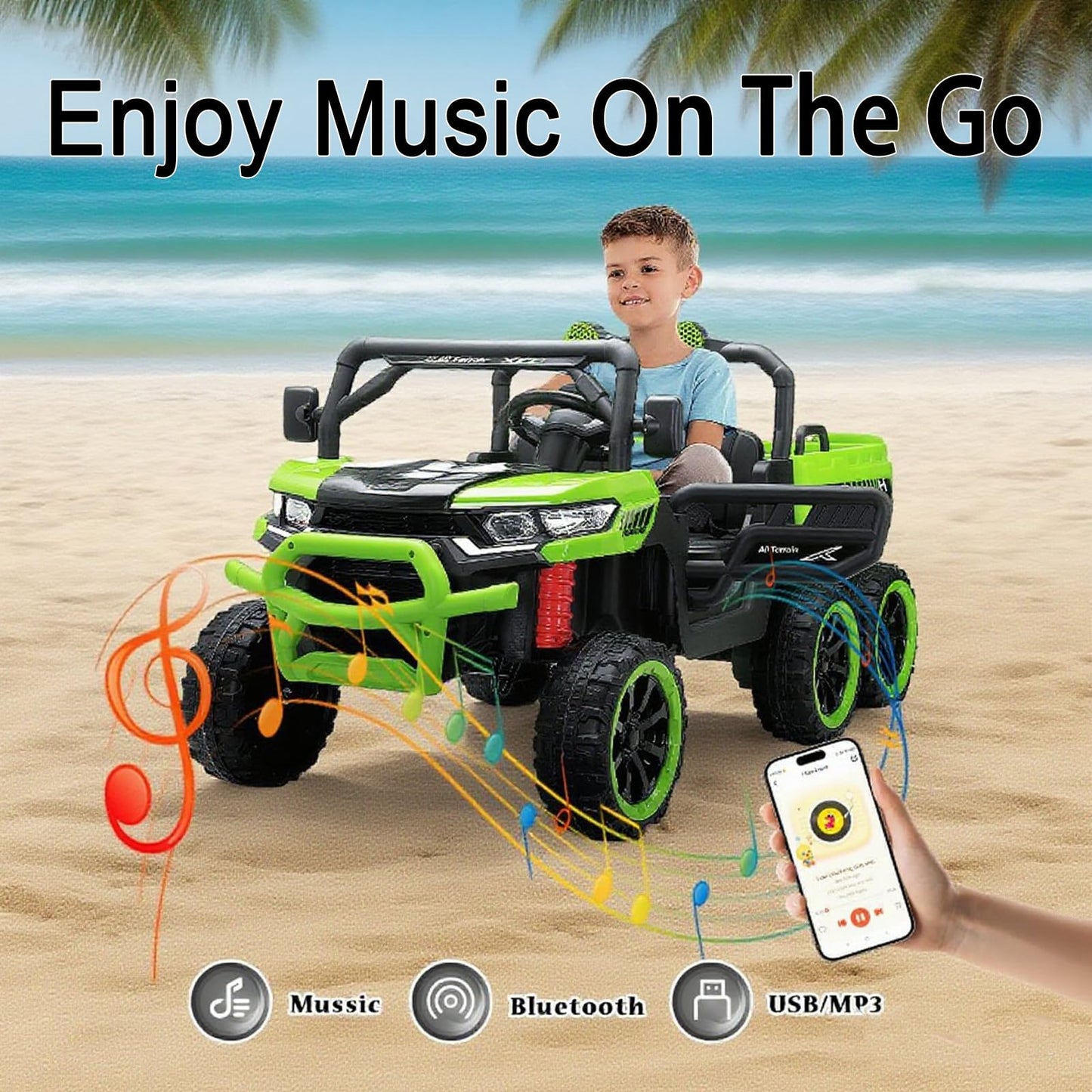 AOKOY 24V Side by Side 6 Wheel Ride On Dump Truck, 4WD Battery Powered Electric Car for Boys and Girls Outdoors with Remote Control, Bluetooth, Green