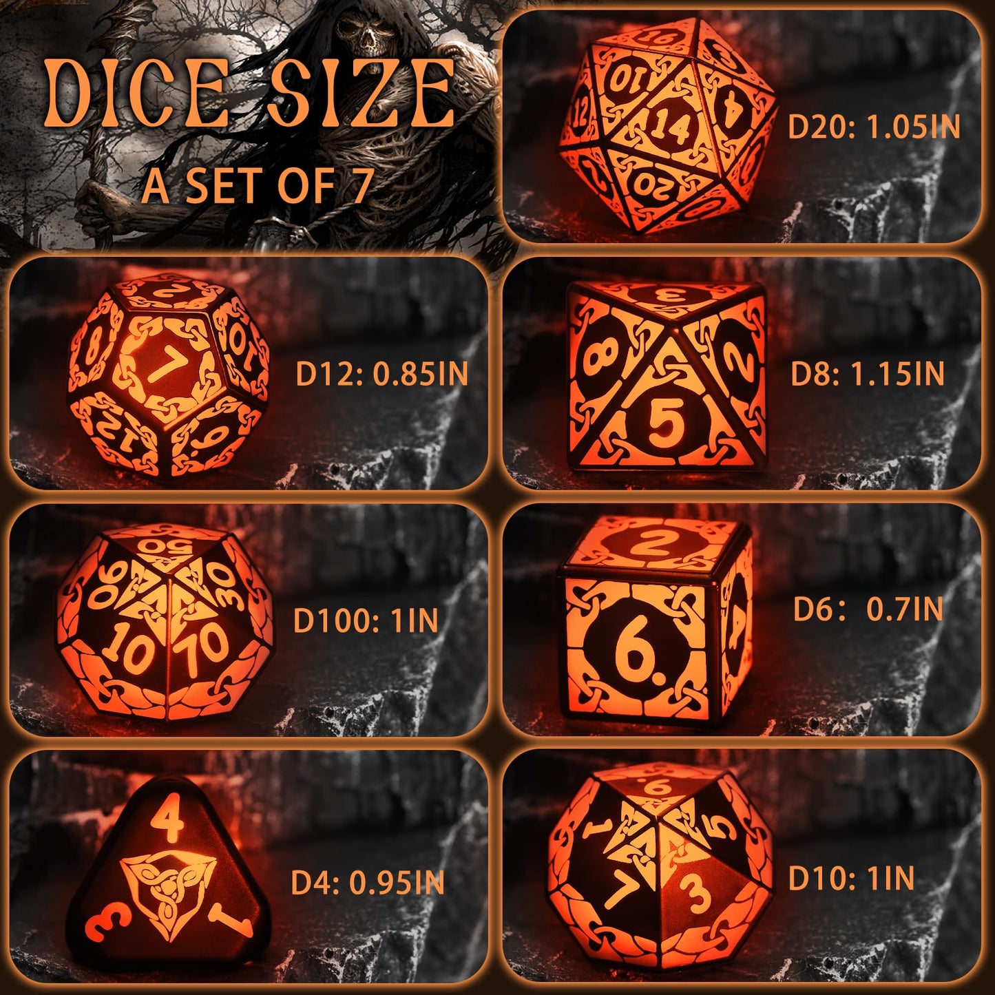 LED Dice Set for DND - Magical Glow Light Up Dice, Rechargeable Polyhedral Dice, Wireless Charging Case & Full 7-Die Set, for D and D RPG Games (Orange)