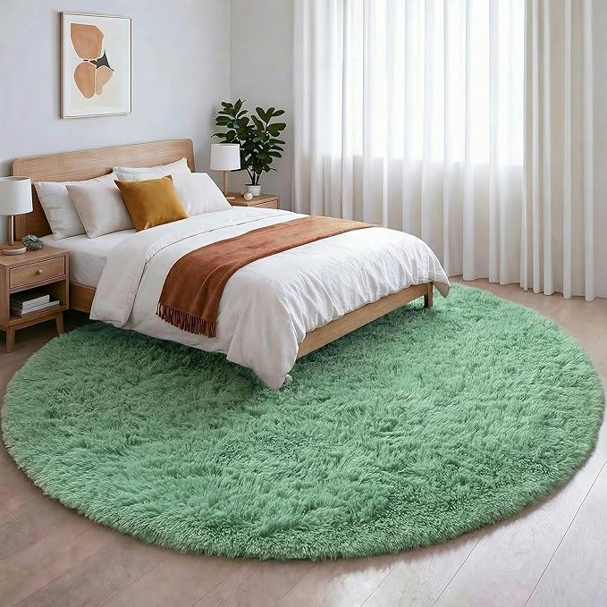 Amdrebio Sage Green Round Rugs 5Ft for Bedroom, Fluffy Furry Circle Rug for Nursery, Baby Kids Room Decor, Cute Shaggy Area Rugs for Preppy Dorm, Teen Girls Boys, Fuzzy Indoor Light Mint Green Carpet