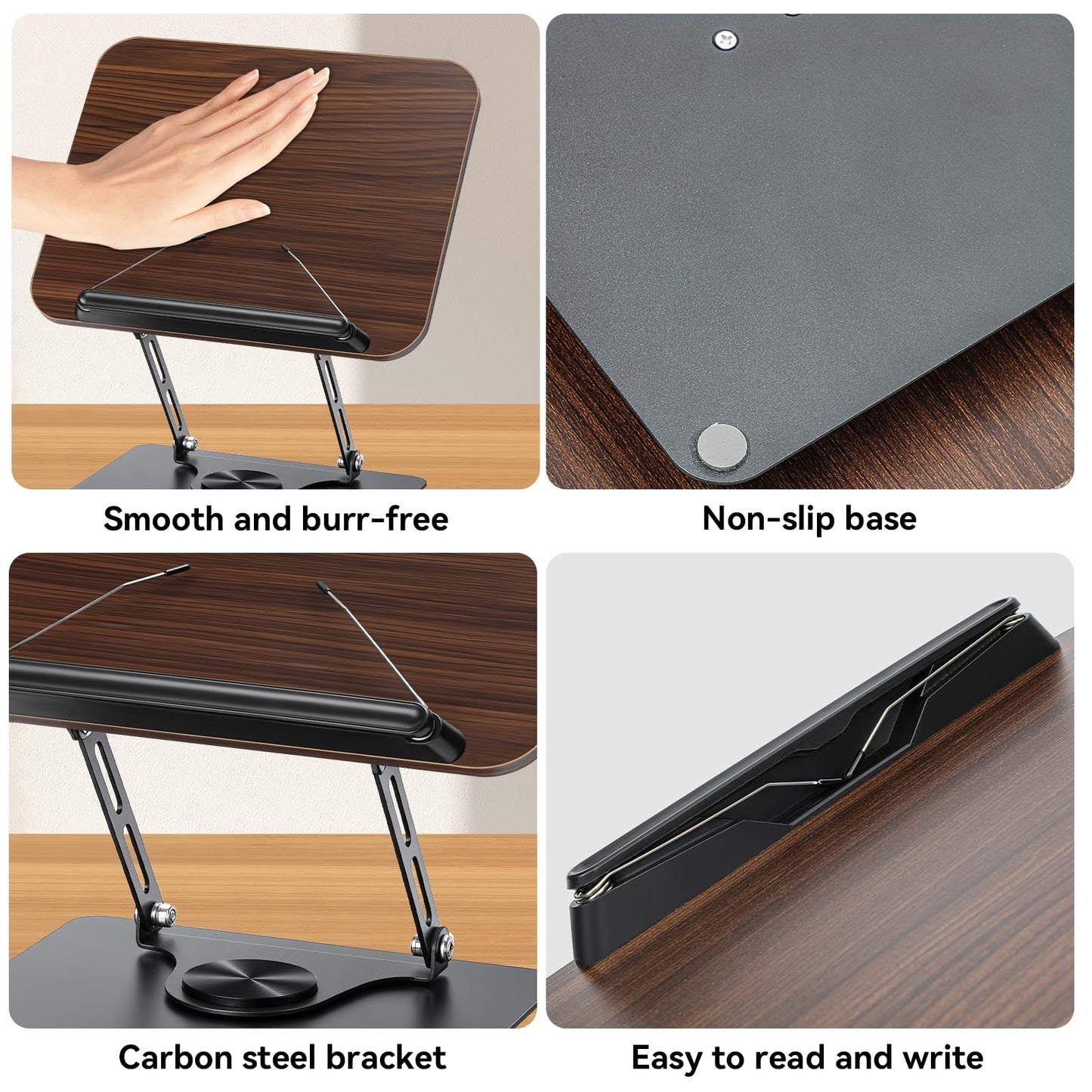 360° Rotating Book Stand for Reading, Adjustable Foldable Book Holder for Reading, Cooking, Office, Compatible with Cookbooks, Textbooks, Tablets, Sheet Music, and Laptops (Black Walnut)