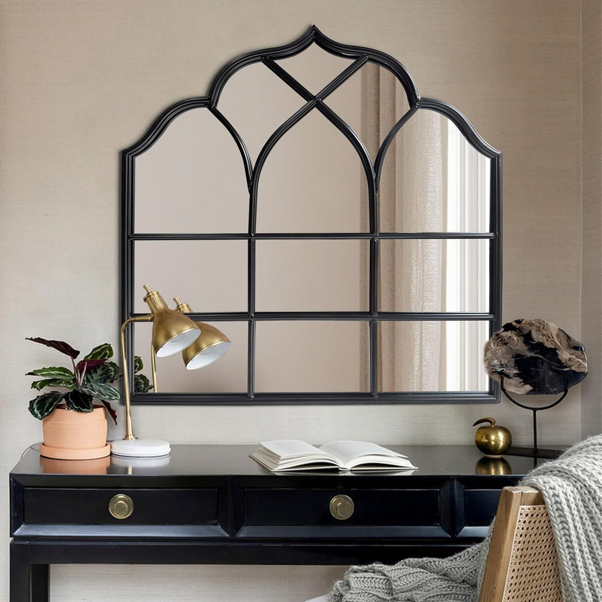 Window Mirror Pane, Black Metal Frame, Cathedral Arched Wall Mirrors Decorative Over Fireplace Mantel, Farmhouse Decorations for Dining Living Room Hallway Entryway