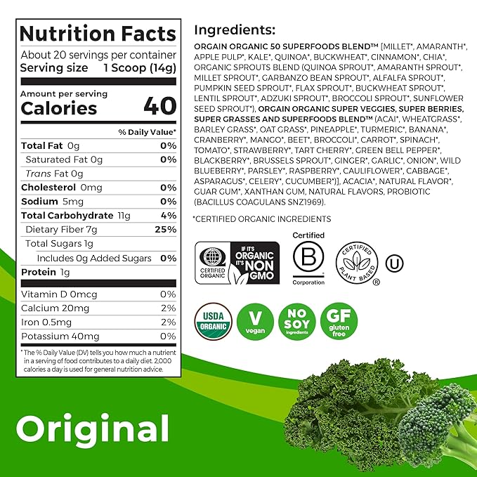 Orgain Organic Greens Powder + 50 Superfoods, Original - 1 Billion Probiotics for Gut Health, Antioxidants, Vegan, Plant Based, Gluten Free, Non GMO, Dairy Free Juice & Smoothie Mix - 0.62lb