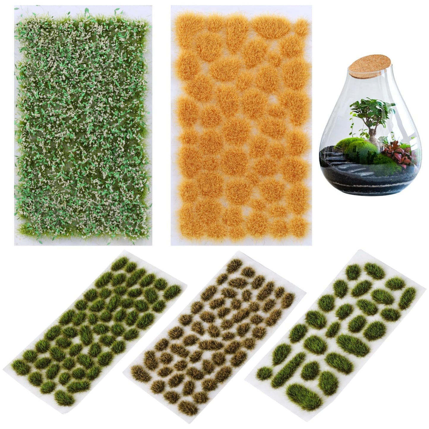 OMISTAR 265 PCS Static Grass Tuft, Model Grass for Diorama, DIY Miniature Fake Grass, Green Yellow Mixed Grass for Railway Layout, Landscape Terrarium Bottle, Flower Pot