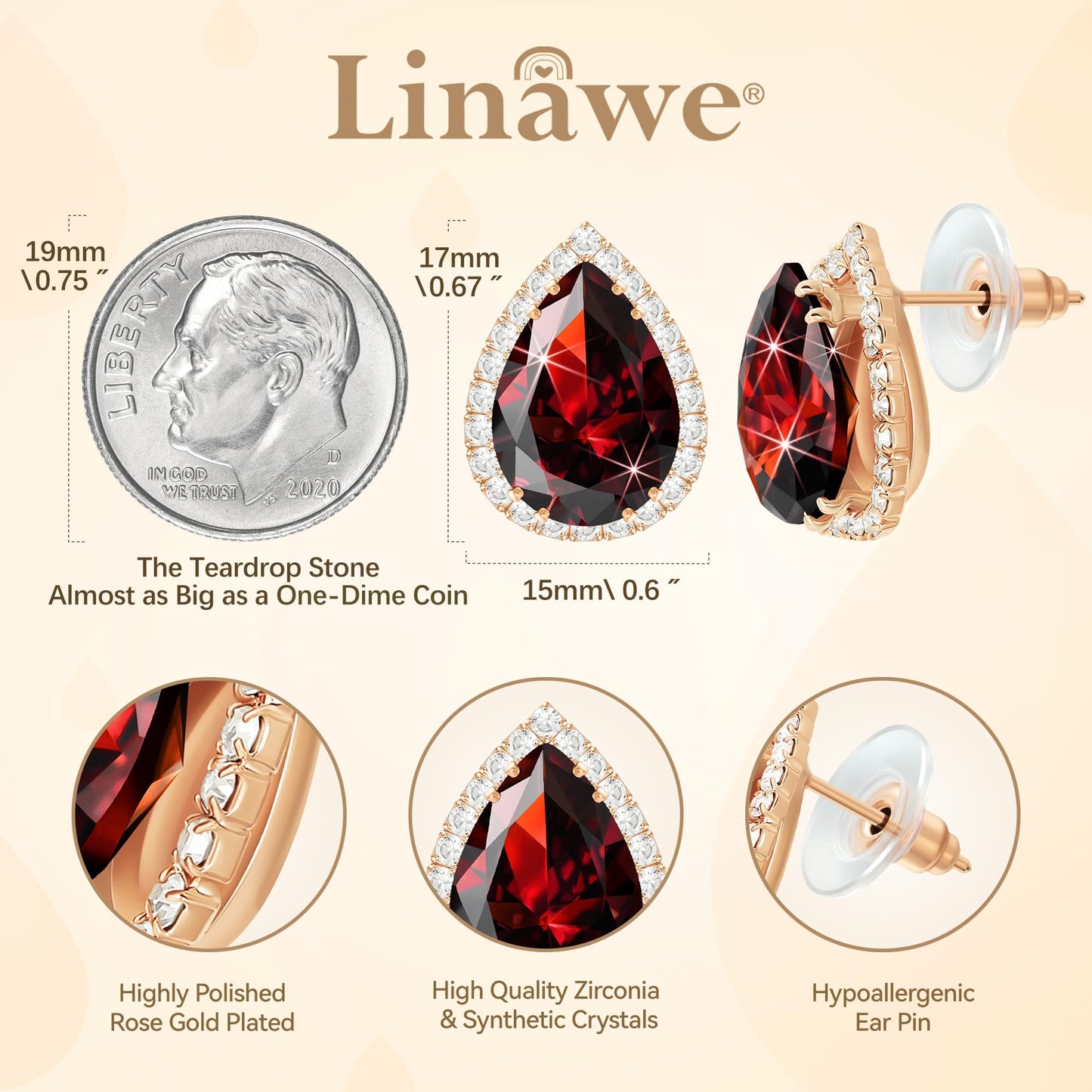 Linawe Burgundy Red Imitation Diamond Stud Earrings for Women, Cubic Zirconia Earrings Studs Rose Gold, Teardrop Statement Rhinestone Garnet Crystal Earrings Set, Costume Wedding Jewelry