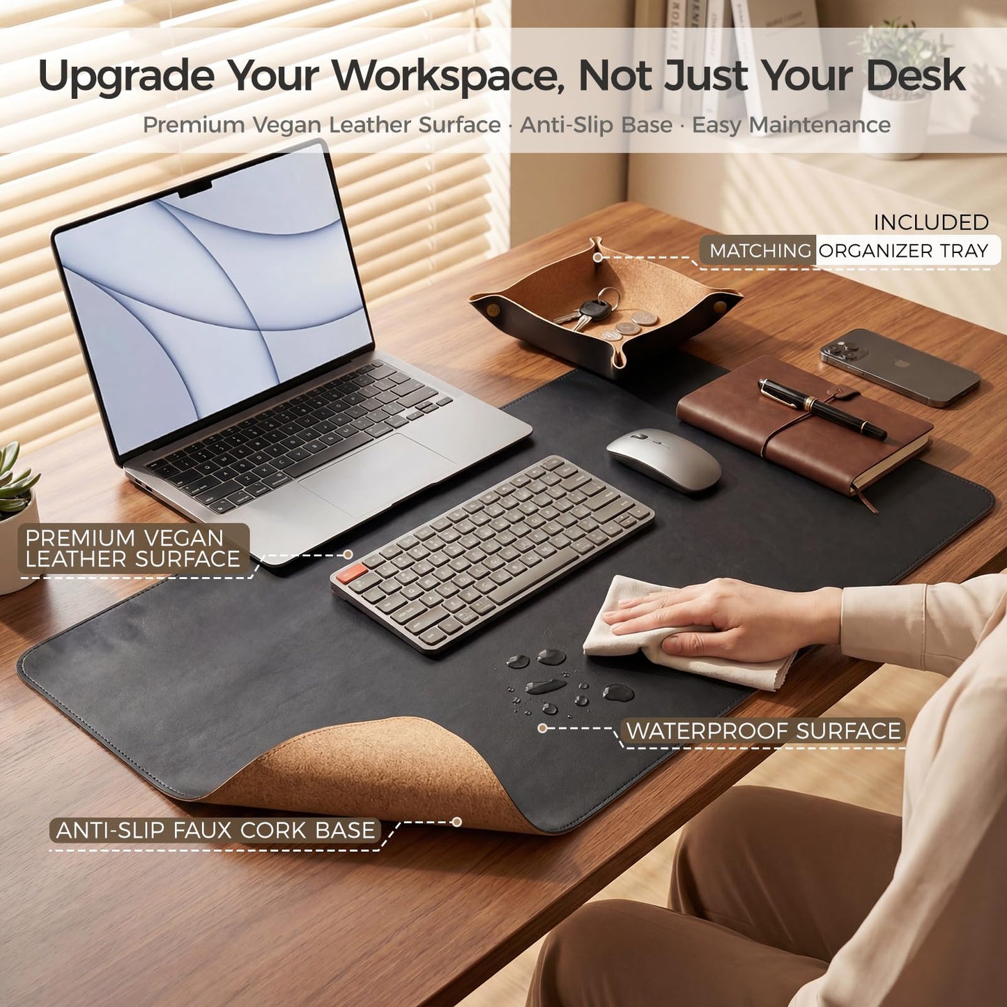 Premium Faux Leather Desk Mat & Tray Set，Innovative Cork-Look Printed Base，Gift Tube Packaging，Full-Desk Coverage，Non-Slip Desk Pad for Office Home（Classic Black）