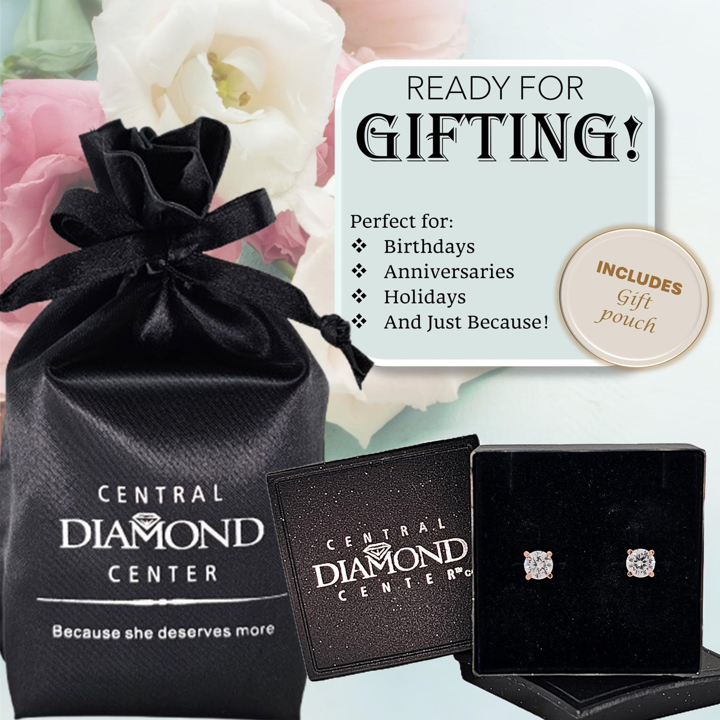Central Diamond Center Round Simulated Diamond Stud Earrings Hypoallergenic Metal & Sterling Silver CZ - 5.25mm (1.00cttw) Rose