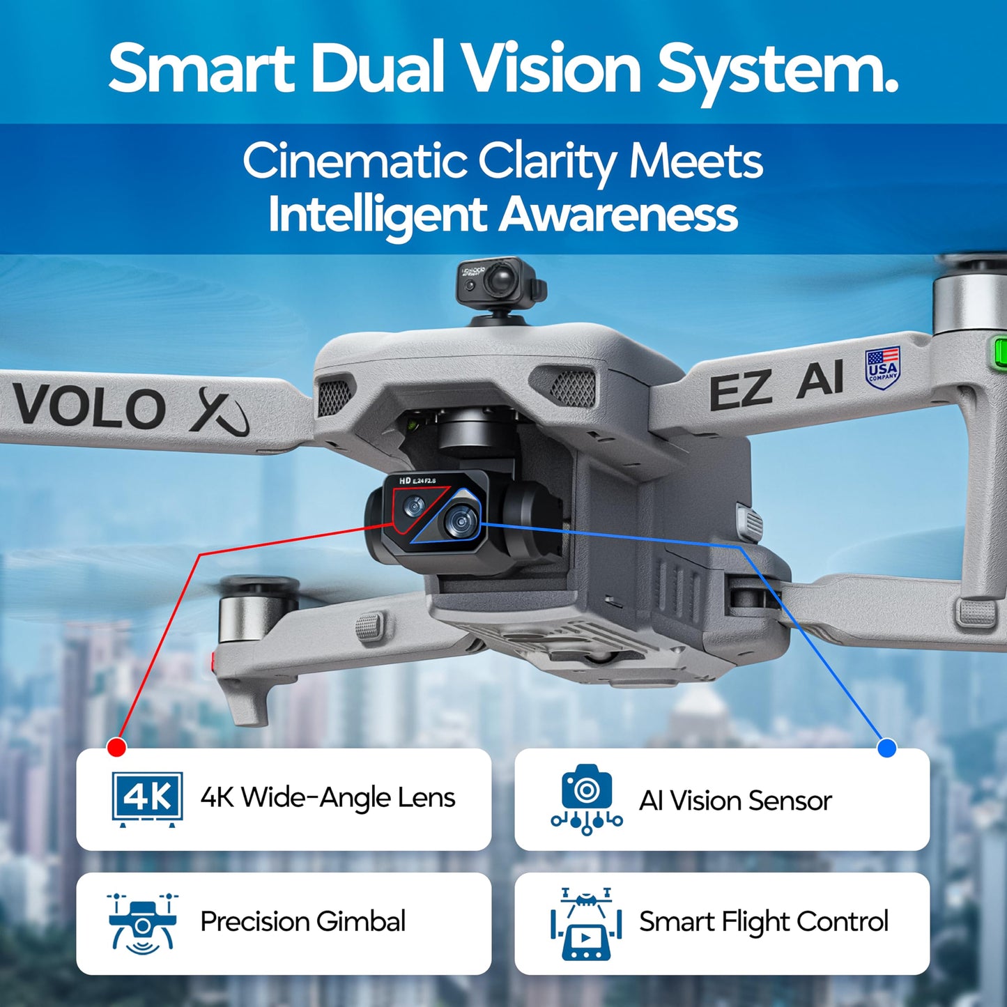 DCX Volo X EZ AI Drones – Drones with Camera for Adults 4k AI-Assisted Flight Control – FAA Approved Drone 4k Camera, 360° Obstacle Avoidance, U.S. Support – Beginner Drone for Adults