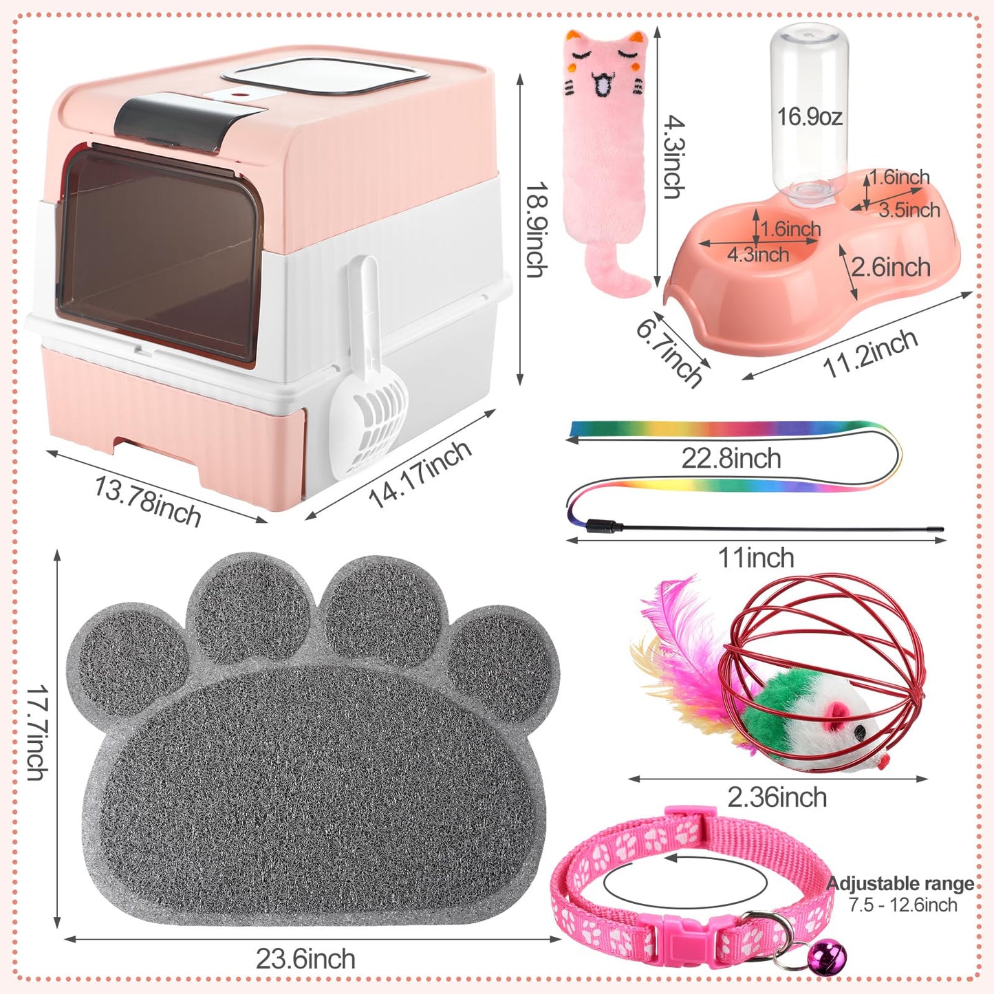 Tioncy 7 Pcs Small Cat Kitten Starter Kit Cat Litter Box with Shovel Paw Litter Mat Double Automatic Bowls Toy Teaser Stick Kitten Collar Essentials Kits for 1-3 Lbs Beginner(Pink)