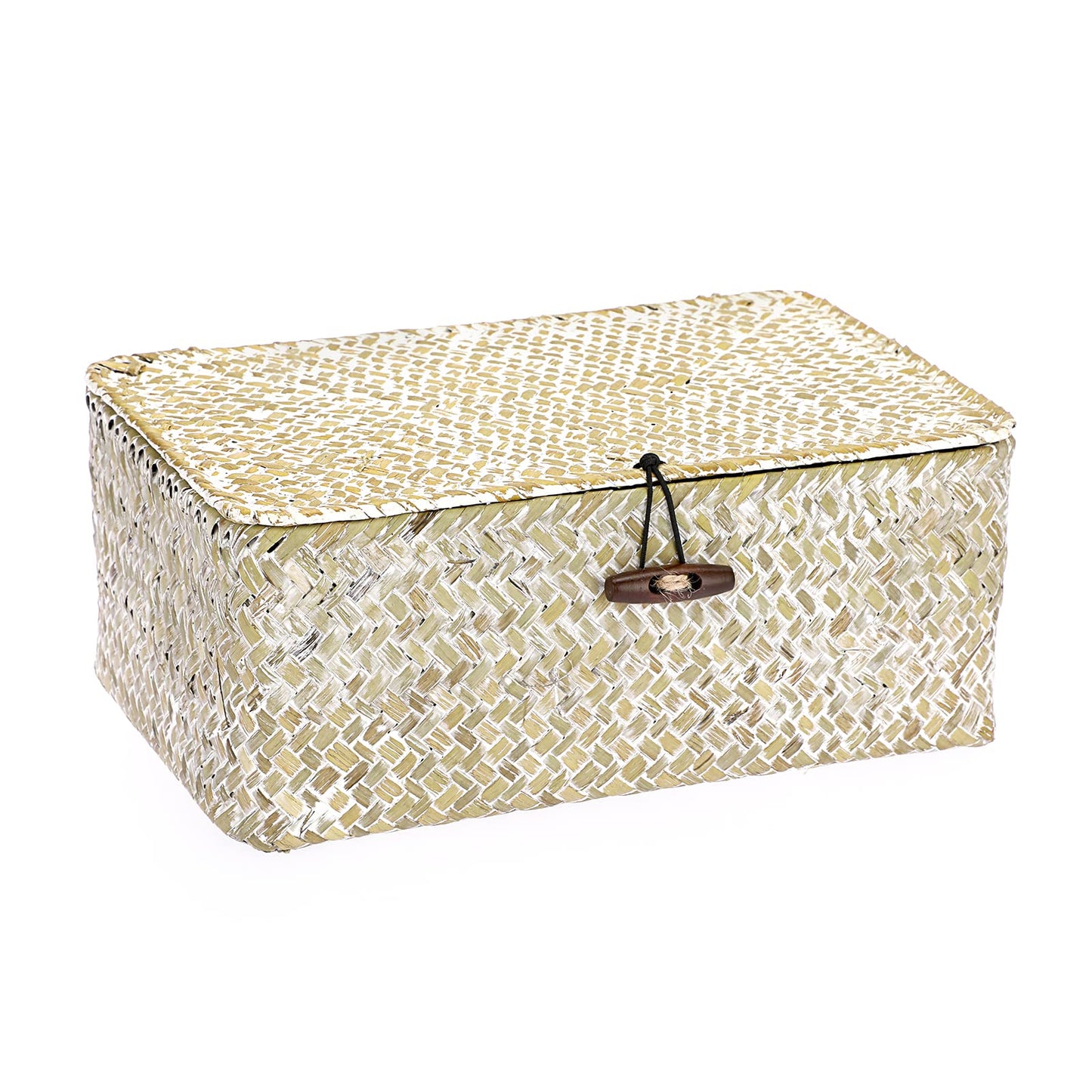 Hipiwe Wicker Shelf Baskets Bin with Lid Natural Seagrass Basket Storage Boxes Small Woven Basket Multipurpose Home Organizer Bins Box for Shelf Closet Bedroom Living Room Home Decor, Whitewash