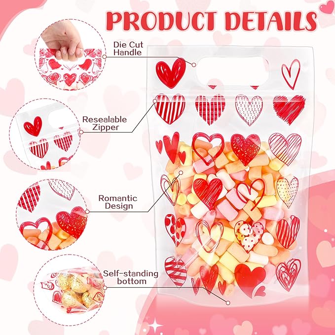 Blosssound 50 Pcs Valentine's Day Gift Bags Red Valentines Zipper Plastic Bags Reusable Red Heart Pouch with Handles Galentines Day Pouch for Classroom Wedding Birthday Party Favor