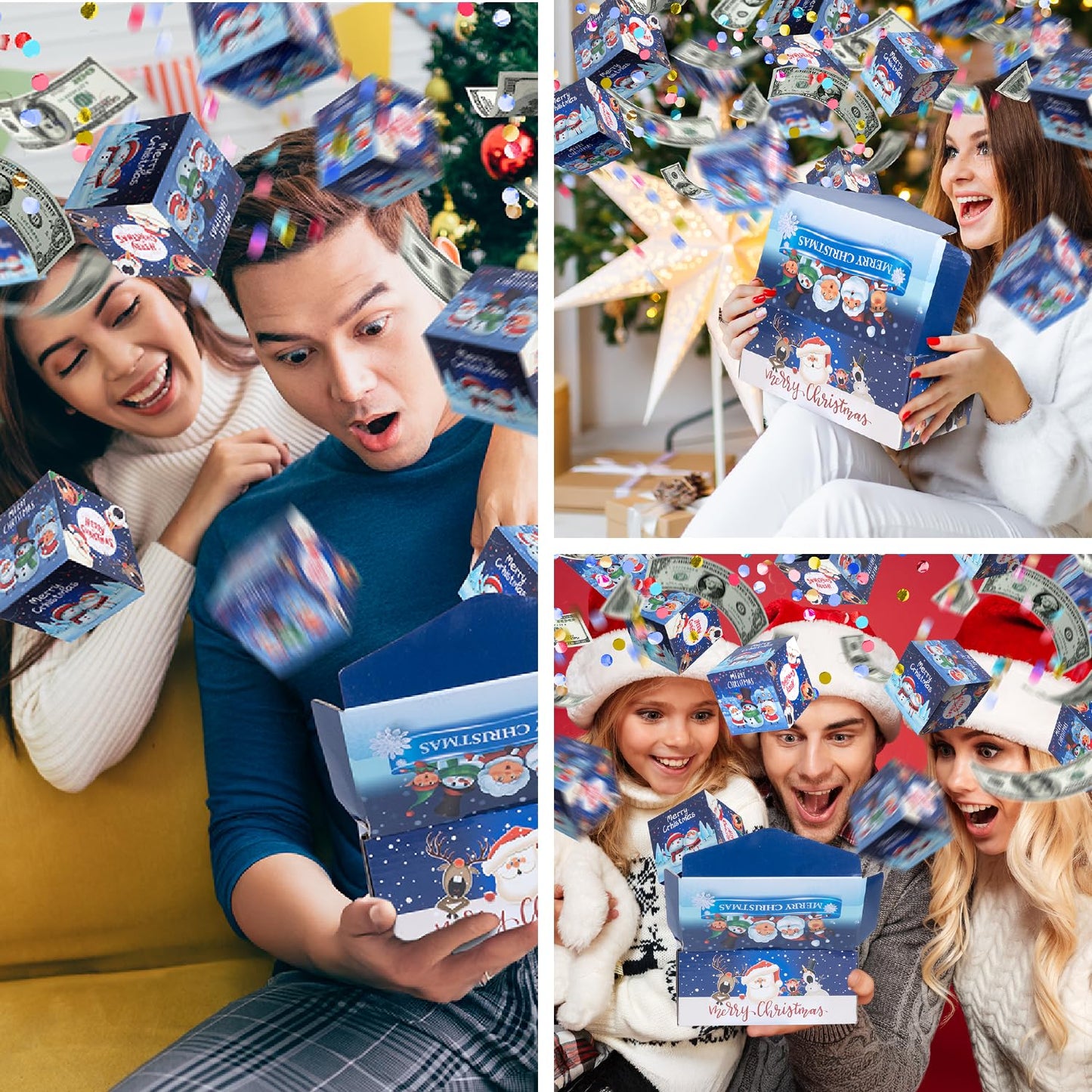 Christmas Surprise Gift Box Explosion for Money, Unique Folding Bouncing Red Envelope Gift Box with Confetti, Cash Pop Up Money Box for Christmas, Birthday, Anniversary, Valentine (15 Bounces, Blue)