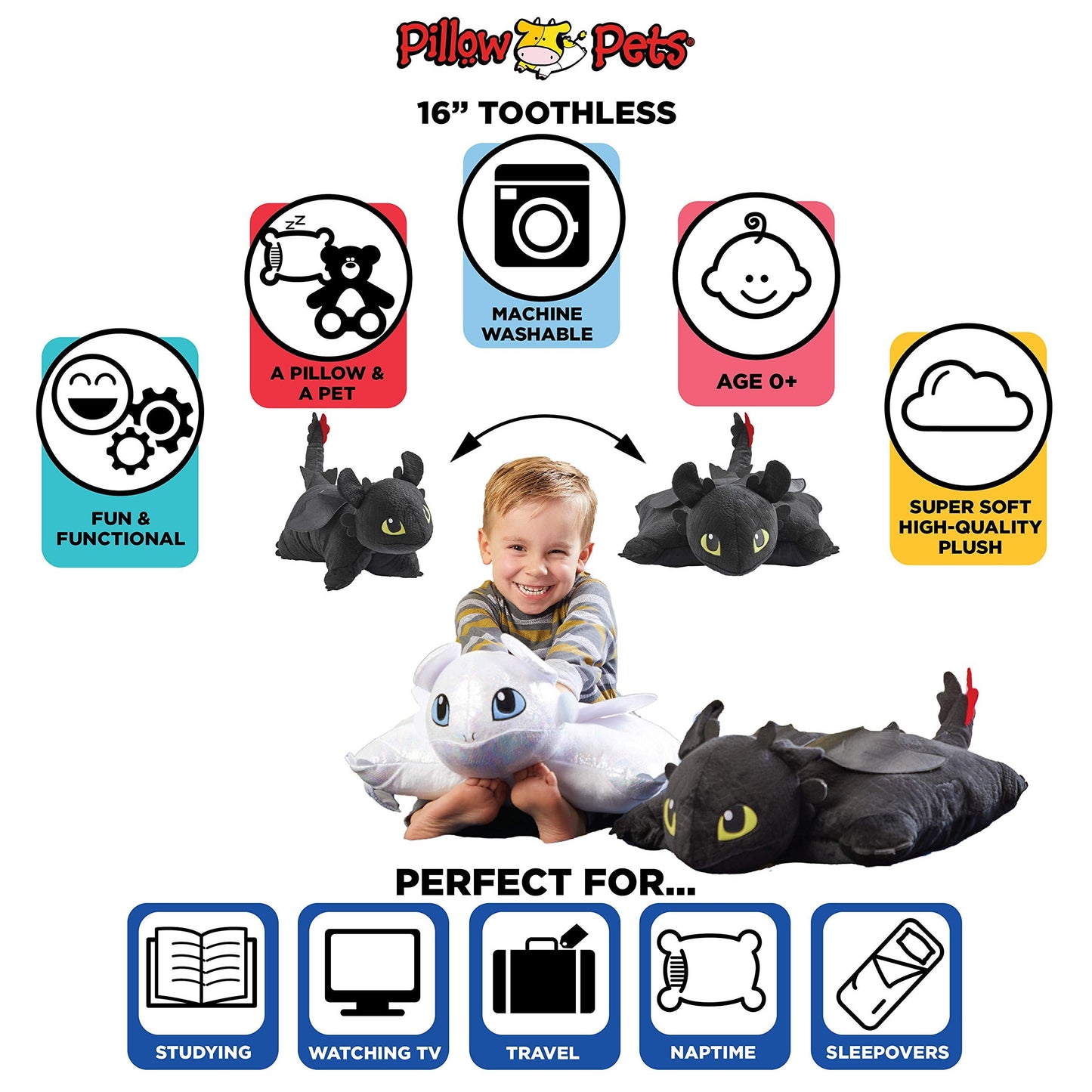Pillow Pets 16 inch How to Train Your Dragon Toothless Stuffed Animal, NBCUniversal Plush Toy Gift for Kids