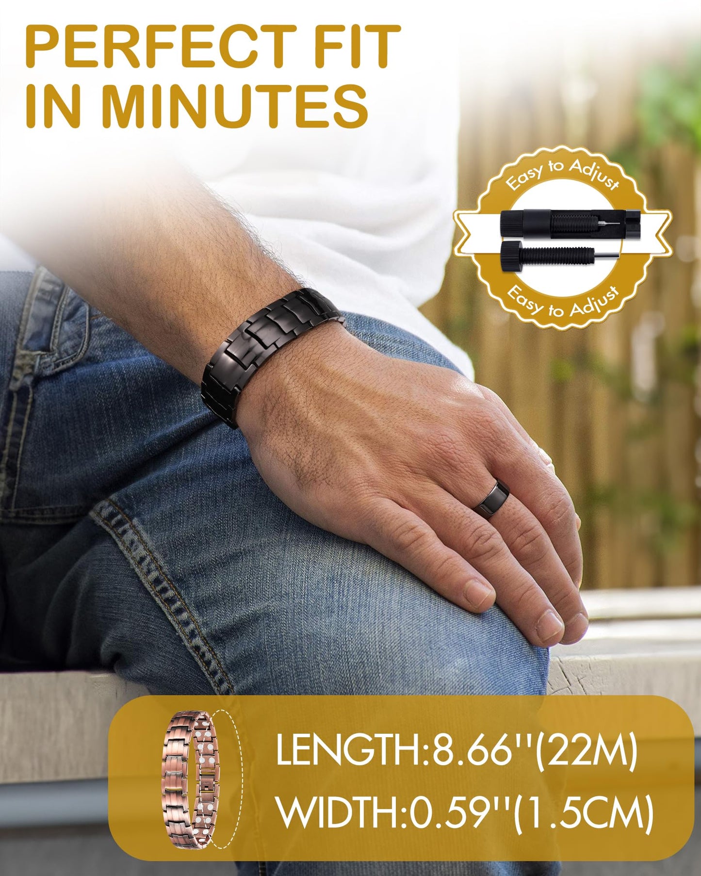 Feraco Men's Copper Magnetic Bracelet and Ring Elegant 99.99% Solid Copper Bracelets with Double-Row Strong Magnets, Magnetic Field Therapy Jewelry(Black)