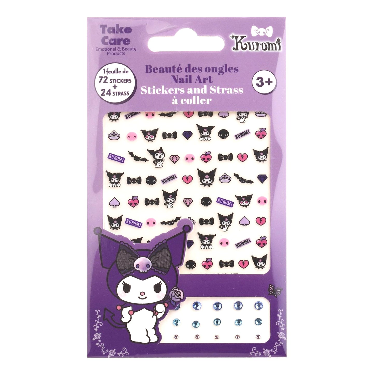 Kuromi Nail Stickers – 1 Sheet with 72 Stickers + 24 Rhinestones – Self-Adhesive Nail Art for Girls – Fun Activity & Gift Idea for Birthdays, Crafts, Party Bags and Playdates