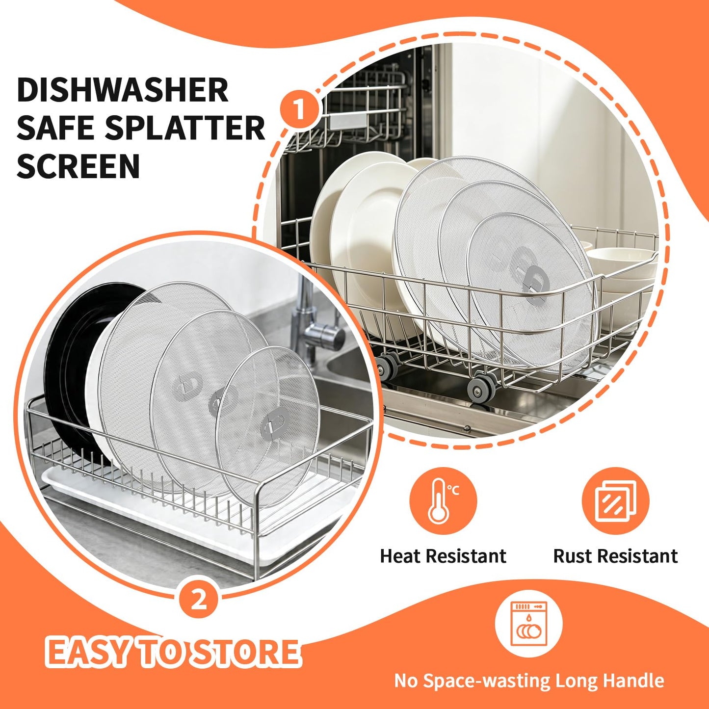 SHAOKAOLU Splatter Screen for Frying Pan Set, 3 Pack (10", 11.5", 13") Stainless Steel Grease Splatter Guard with Foldable Handle, Fine Mesh Oil Splash Screen with Silicone Oven Mitts, Dishwasher Safe
