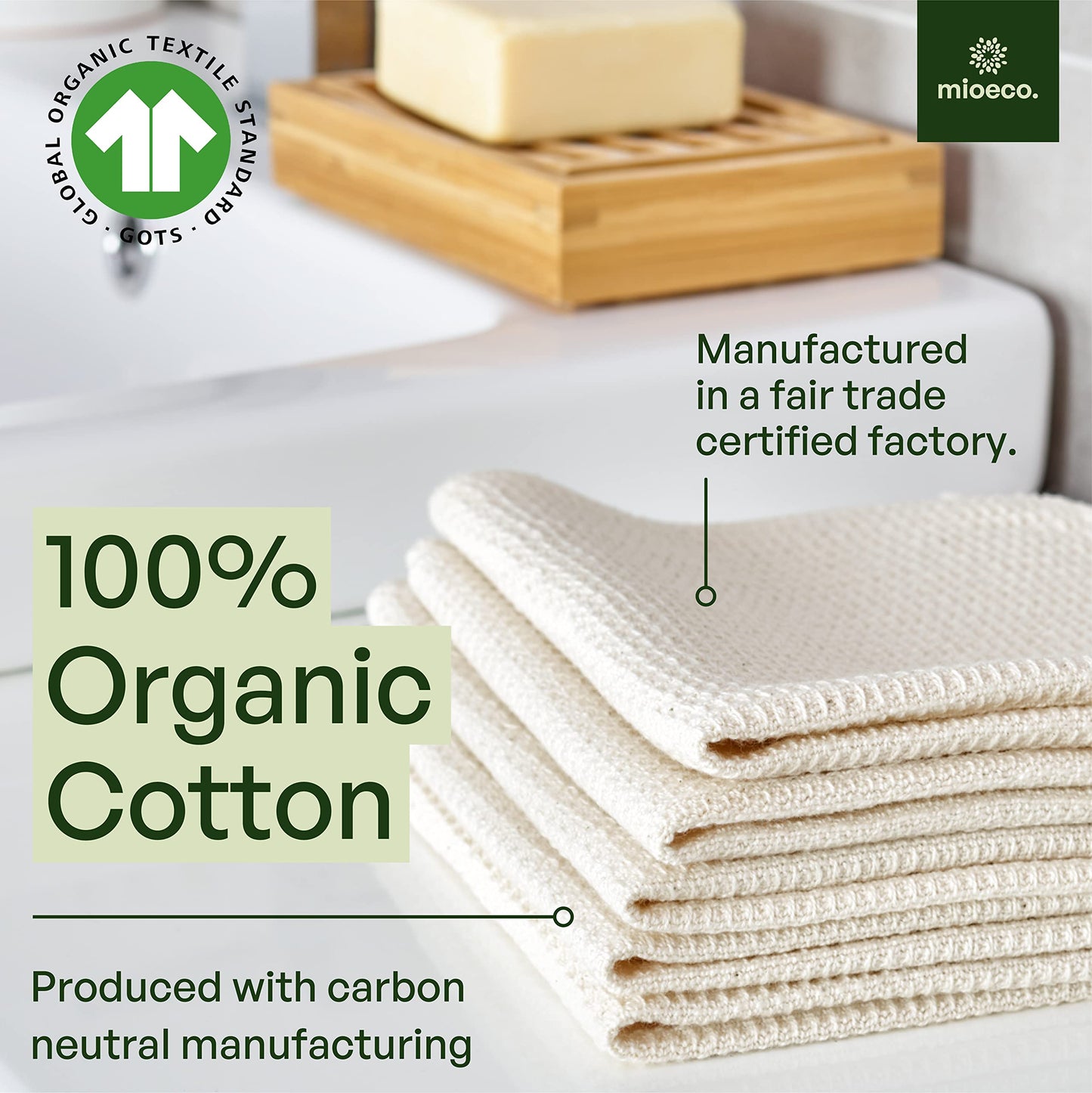 mioeco 20 Pack Reusable Kitchen Paper Towels Washable - Super Absorbent Natural unPaper Towels - Natural Cotton - Reusable, Paperless Kitchen Dish Cloths - 100% Organic