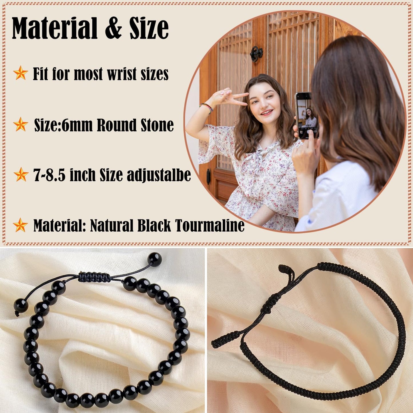 LPBeads 6mm Black Tourmaline Bracelet with Handmade Rope Bracelet Size Adjustable Natural Stone Crystal Healing Bracelets Gifts for Unisex Adults