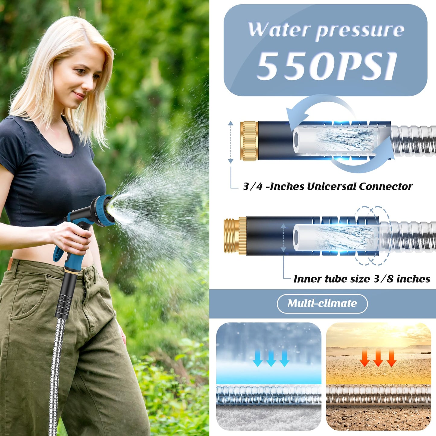 Advinski Garden Hose 50FT, Water Hose with 10 Function Nozzle, Garden Hose with Leak-proof Connectors, No-Kink, Lightweight, Puncture-proof,550PSI, Hose for Outdoor, Yard