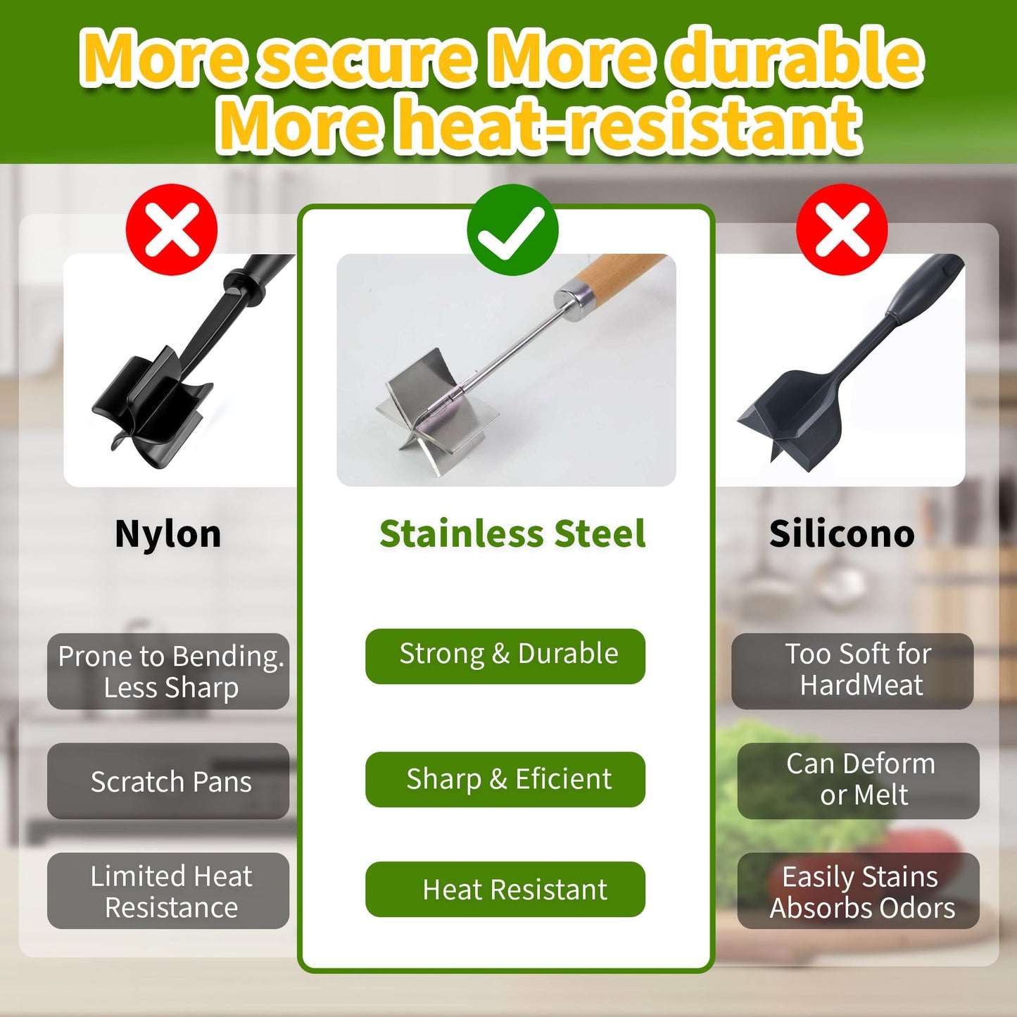 304 Stainless Steel Meat Chopper Meat Masher, 6 Curved Blades 10.5 Inch Ground Beef Chopper Tool, Hamburger Smasher, Potato Masher Durable Multi-Purpose Kitchen Tool