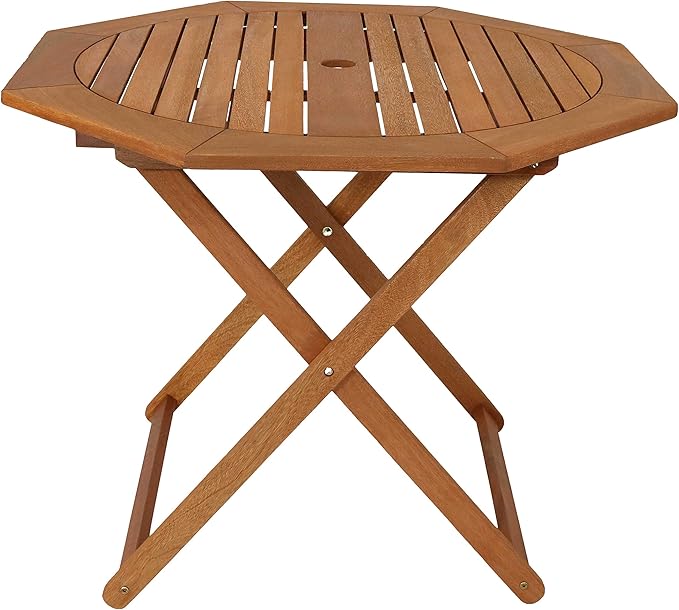 Sunnydaze Folding Meranti Wood Outdoor Dining Table with Umbrella Hole - Foldable Teak Patio Table - Teak Oil Finish - Octagon