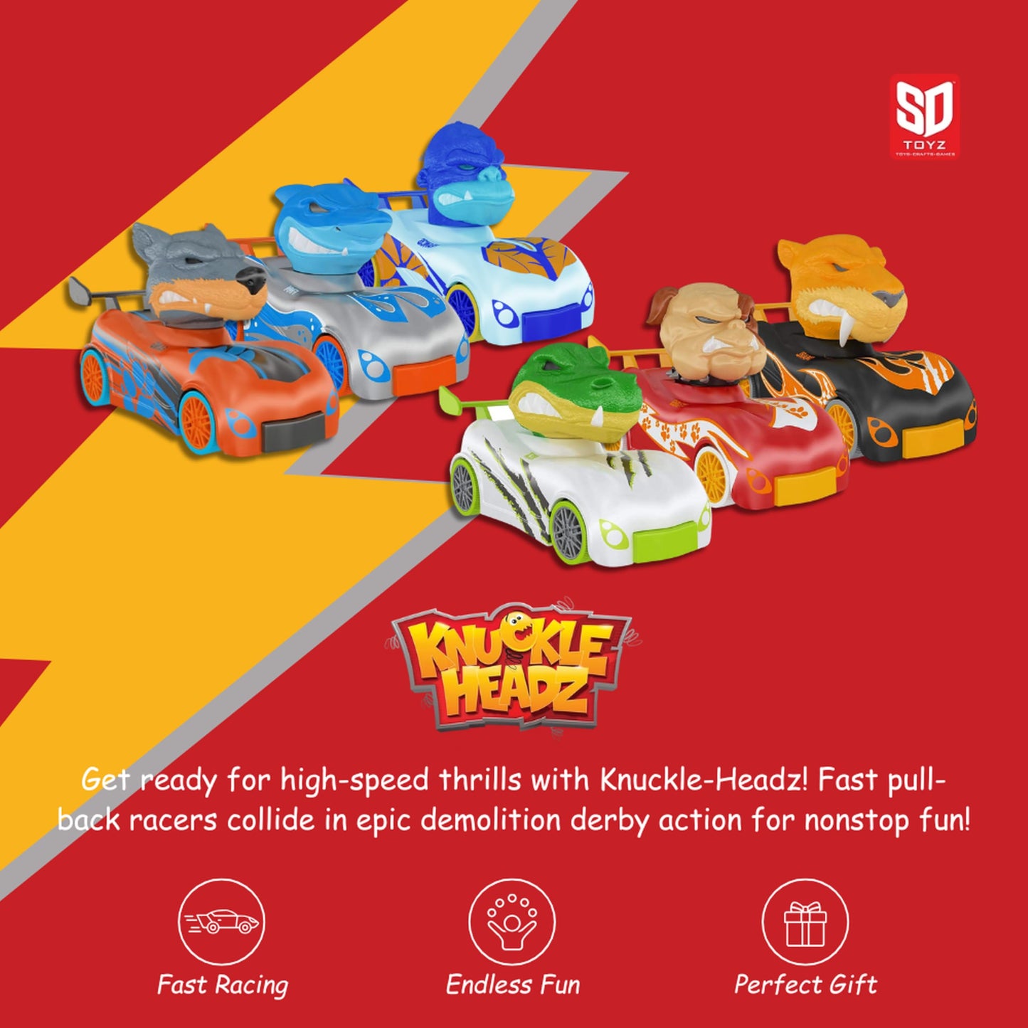 Knuckle Headz Pop-Up Racer Car Toy, Friction-Powered Pull Back Race Car, Head Popping Fun Gift for Kids, Boys, Girls, Ages 3+, Dinosaur