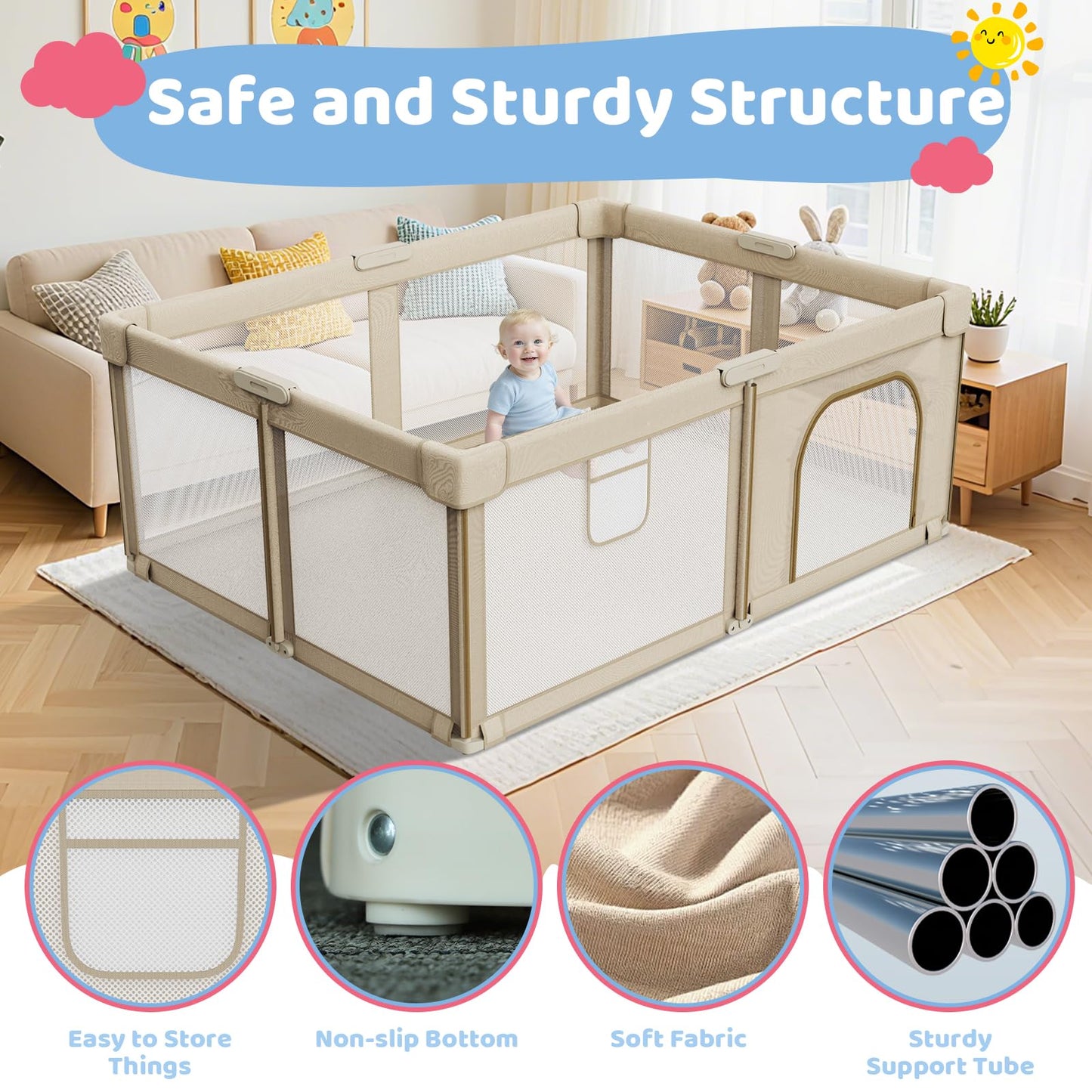 Foldable Baby Playpen: 71” x 59” Super Large Playpen for Babies and Toddlers - Portable Play Pen for Babies with Breathable Mesh & 2 Pulling Handle - Baby Play Yard for Outdoor & Indoor
