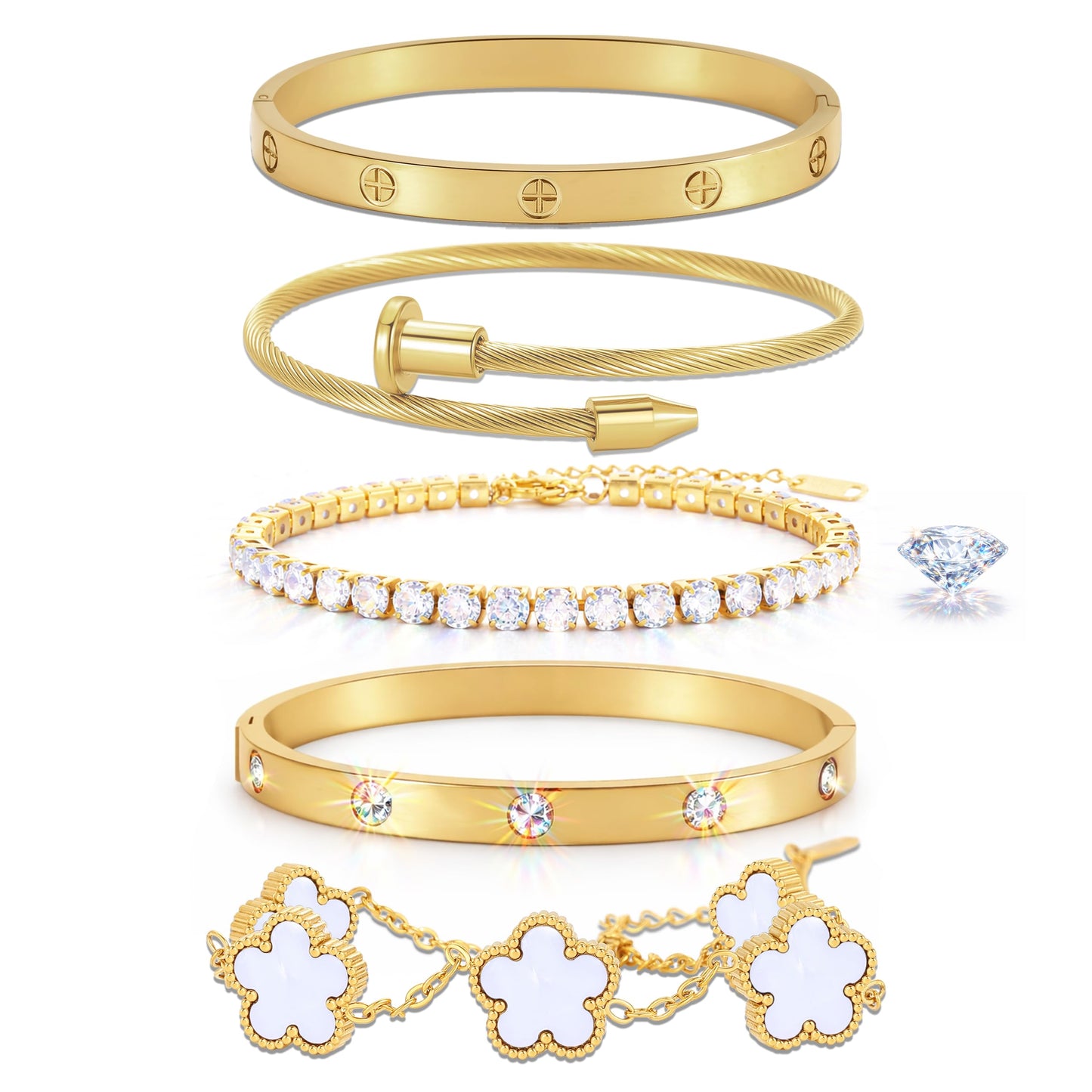 RIVOWMKI 18K Gold Plated Bracelet Set for Women, Sparkling CZ Bangle Adjustable Tennis Bracelet, Stackable Clover Jewelry, Non Tarnish Non Fade Long Lasting Shine for Client Meeting Afternoon Tea