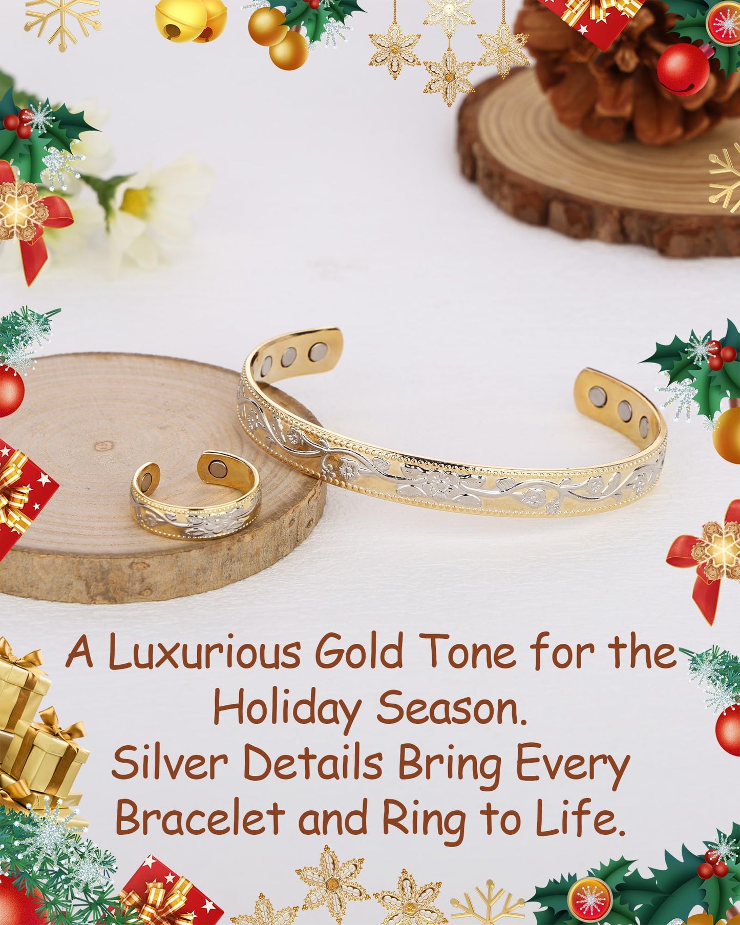 BioMag Copper Bracelet & Ring for Women, 99.99% Pure Copper Magnetic Bracelet Lymphatic Drainage Rings with 3500 Gauss Magnets, Adjustable & Flower Pattern (Gold Base with Silver)