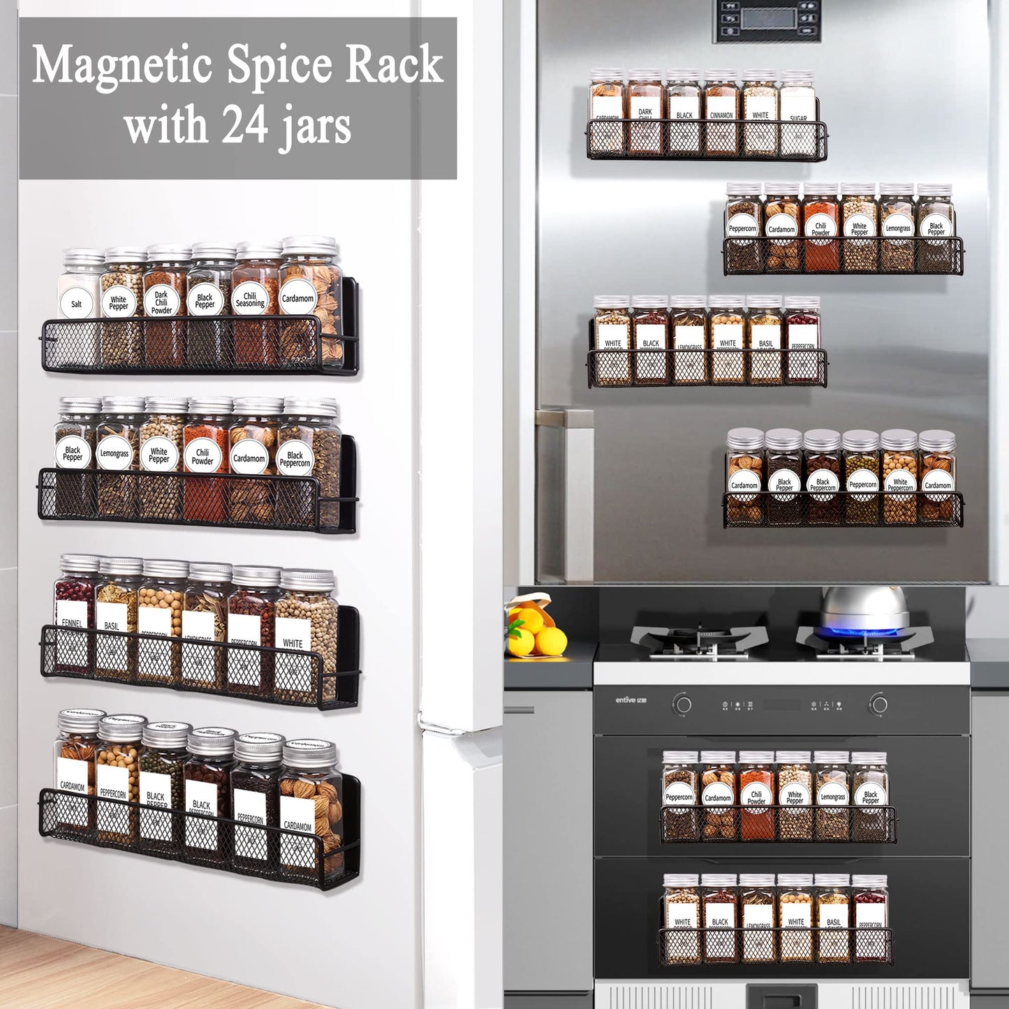 Churboro Magnetic Spice Rack for Refrigerator with Spice Jars- Includes 24 Pcs 4 OZ Seasoning Containers with Labels, 4 Space-Saving Magnetic Shelf for fridge- Perfect for Small Kitchens, Apartments