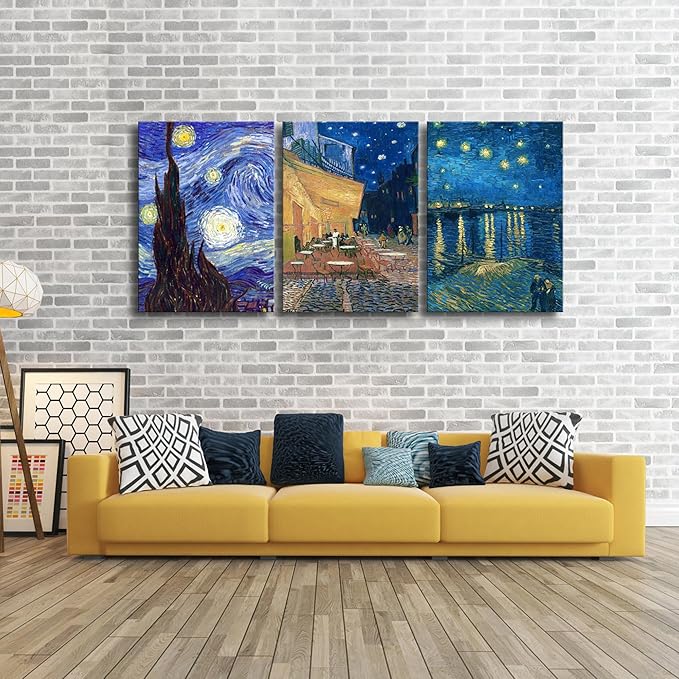 Wieco Art Large 3 Panels Canvas Prints of Vincent Van Gogh Paintings Reproduction Starry Night Over the Rhone Cafe Terrace at Night Canvas Wall Art for Living Room Home Office Decor