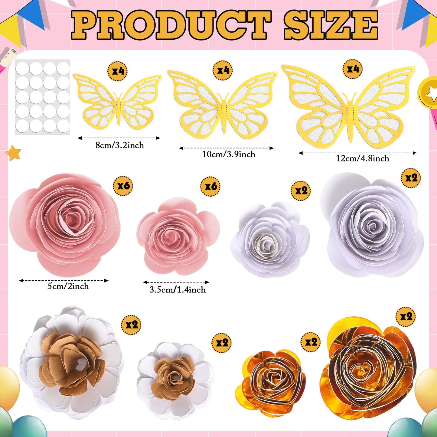 Dinifee 36 Pcs DIY Graduation Cap Decorations Accessory Kit Include Faux Paper Flower Heads 3D Butterfly Grad Cap Mini Paper Flowers Decorations for Grad Cap Topper DIY Graduation Gift(Pink, Gold)