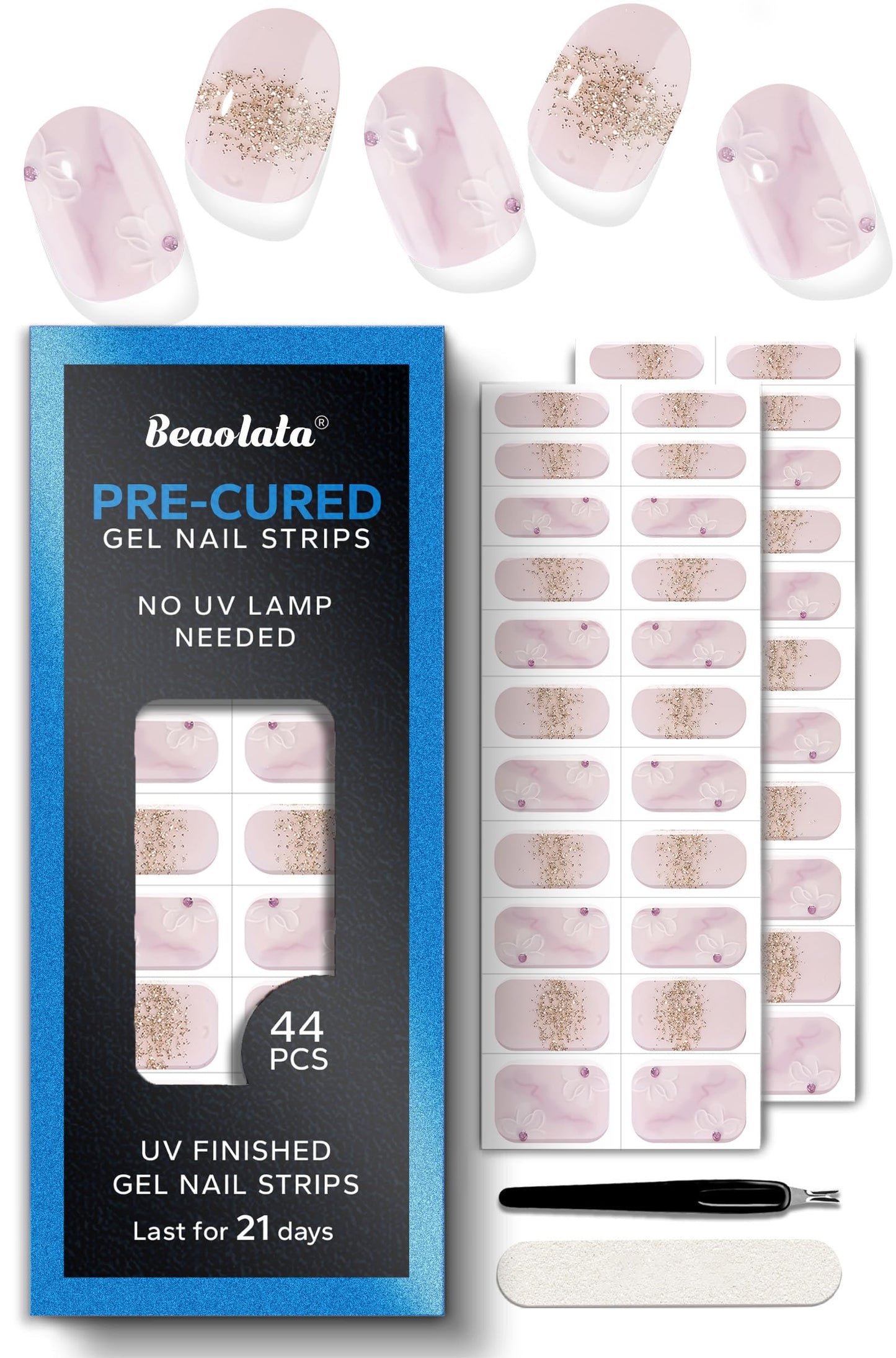 Beaolata Real Gel Nail Strips (No UV Light Needed) - 44Pcs Salon Quality Nail Stickers - Long Lasting Polish Wraps for Women, Easy Apply & Remove (Sugarplum Pink)