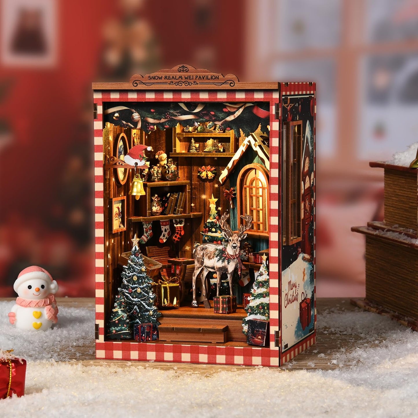 NEXTIPS DIY Mini Book Nook Kit, Snow Realm Wei Pavilion 3D Wooden Puzzle with LED Lights, Christmas Themed Bookshelf Decor, 161 Pcs Adult Craft Model for Home & Gift