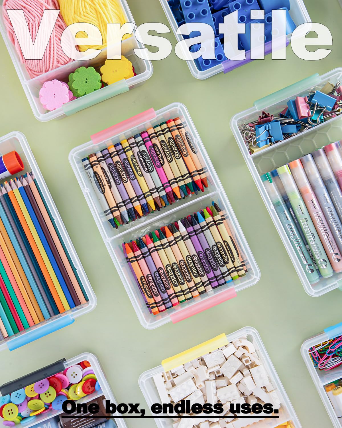 GEOPHIA 6 Pack Extra Large Pencil Box with Removable Divider, Thickened Pencil Case Bulk, Clear Crayon Marker Organizer Stackable Plastic Small Storage Containers for Pen Craft School Supplies (Multi)