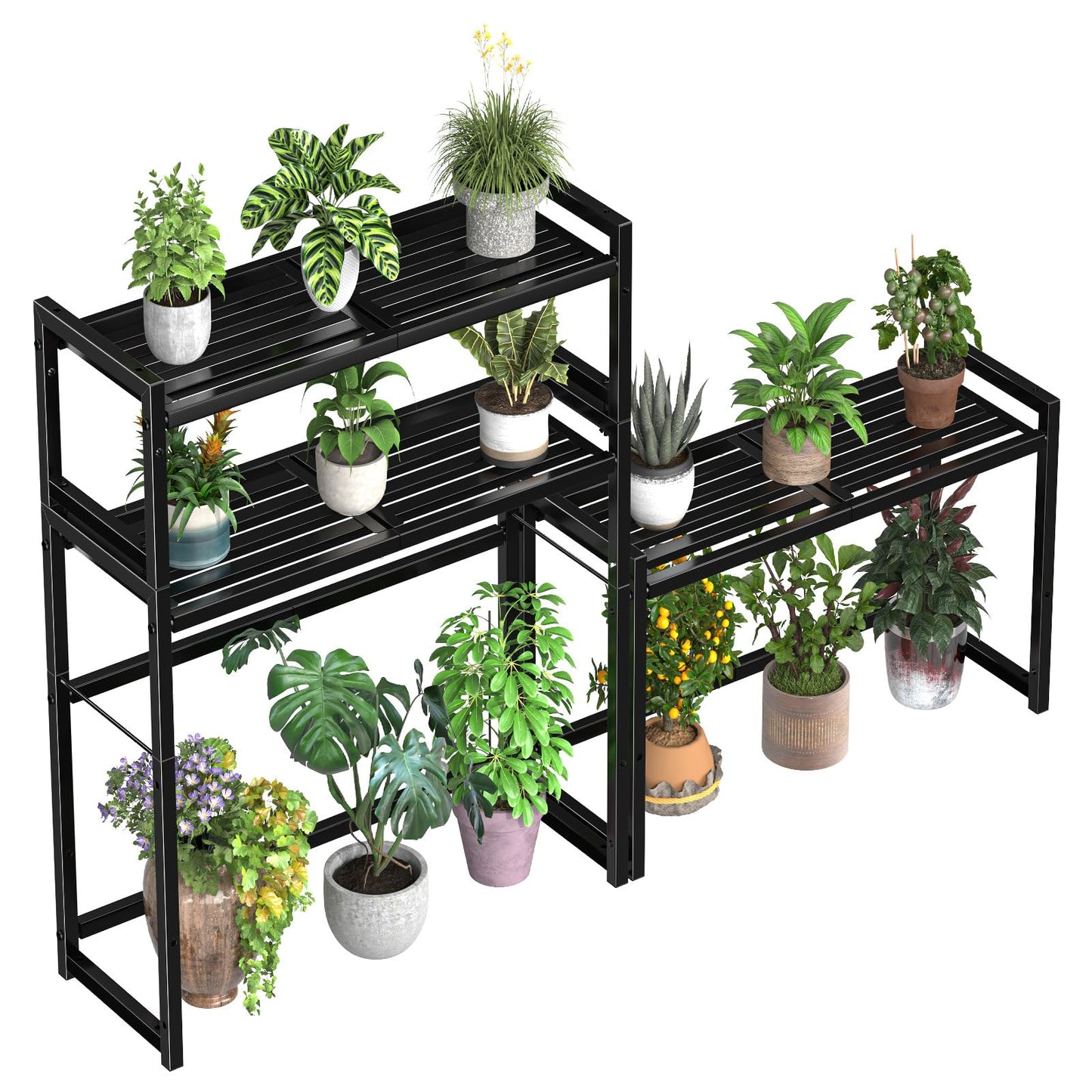 Ekisemio 3-Tier Metal Plant Stand, Heavy Duty Waterproof Indoor Outdoor Stackable Shelf, Tall Flower Pot Holder & Display Rack for Garden, Black