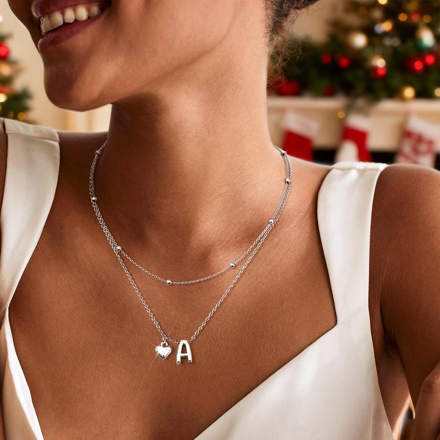 adoyi Silver Heart Initial Necklaces for Women 14k Gold Plated Layered bubble Letter Necklace Dainty Heart J Pendant Necklace Stack Birthday Valentines Gifts for Women Jewelry