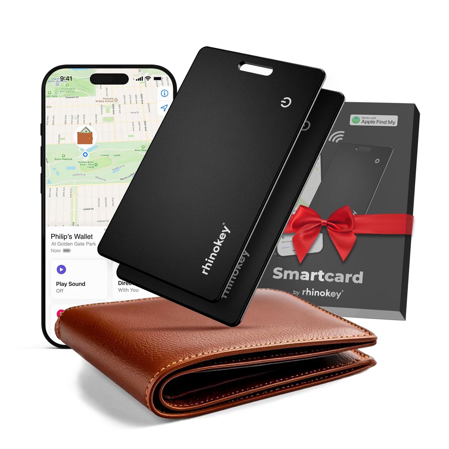 Rhinokey® Apple MFi Certified Wallet Tracker Card Works with Apple Find My (iOS Only) Slim 0.07in Rechargeable IP68 Waterproof Tracker Item Finder Credit Card Tracker with Keychain Hole for Luggage